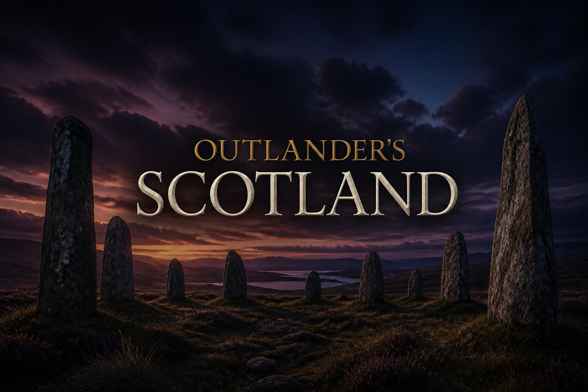 Ancient standing stones on a Highland moor at dusk under a deep purple sky, the real Scotland behind Outlander