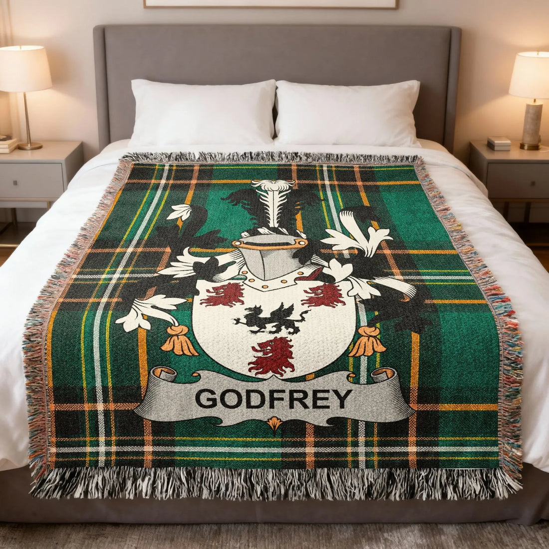 Godfrey surname woven blanket with Irish family crest tartan design