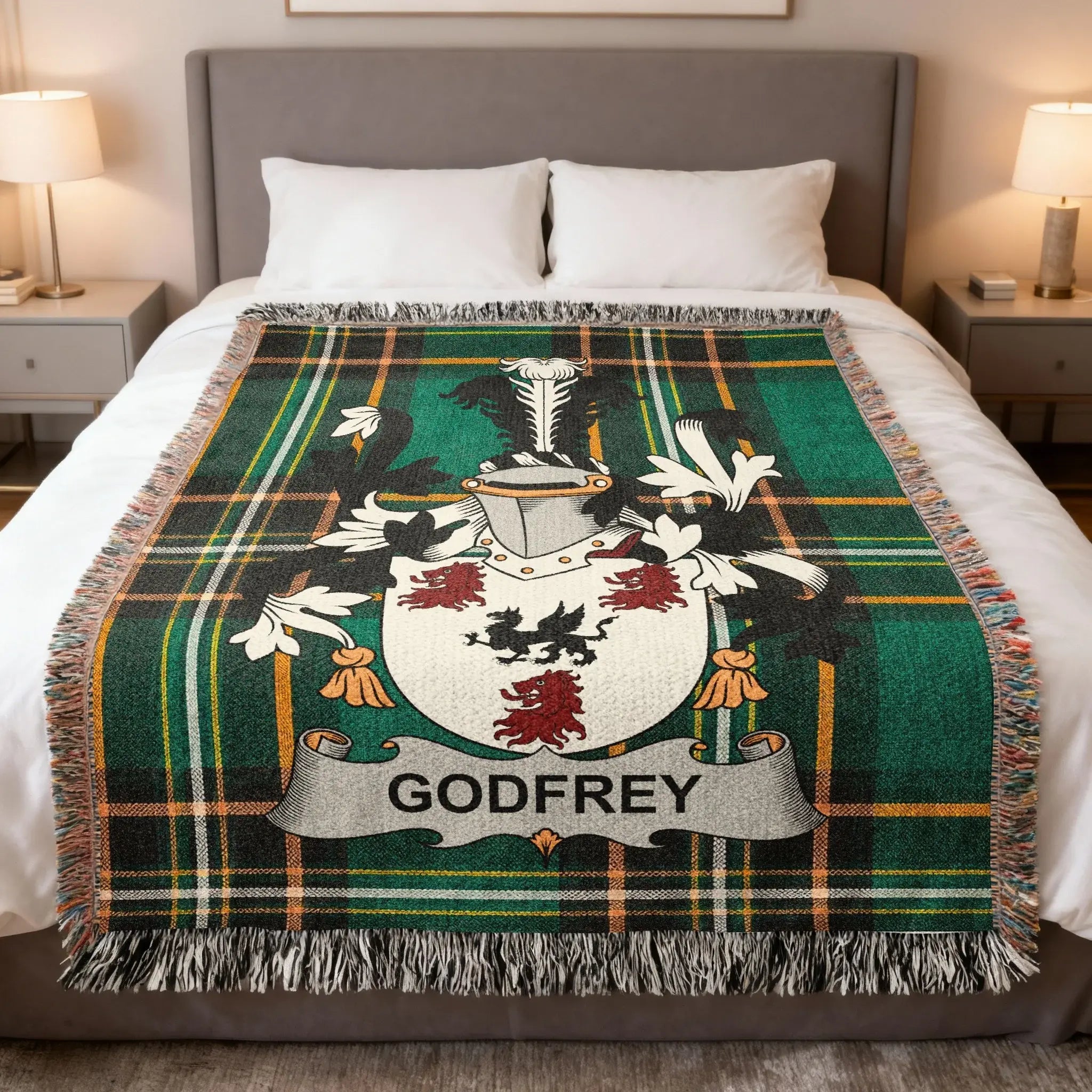 Godfrey surname woven blanket with Irish family crest tartan design