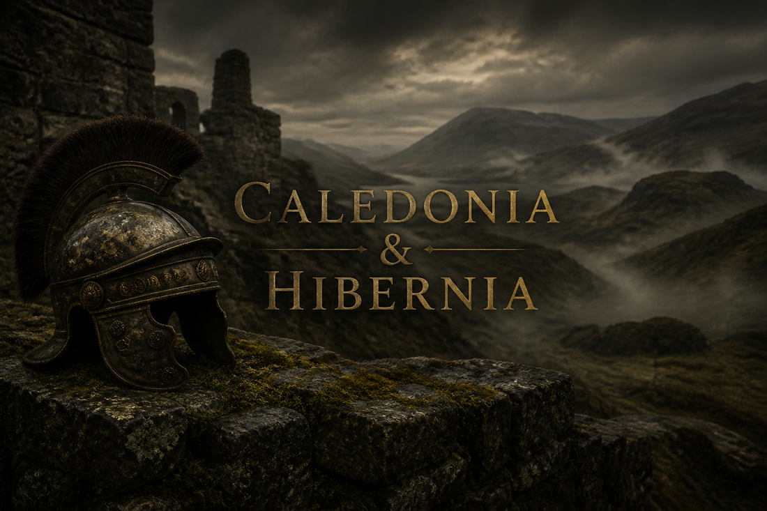 Roman legionary helmet resting on a ruined wall above a misty northern glen, evoking the Roman names Caledonia and Hibernia