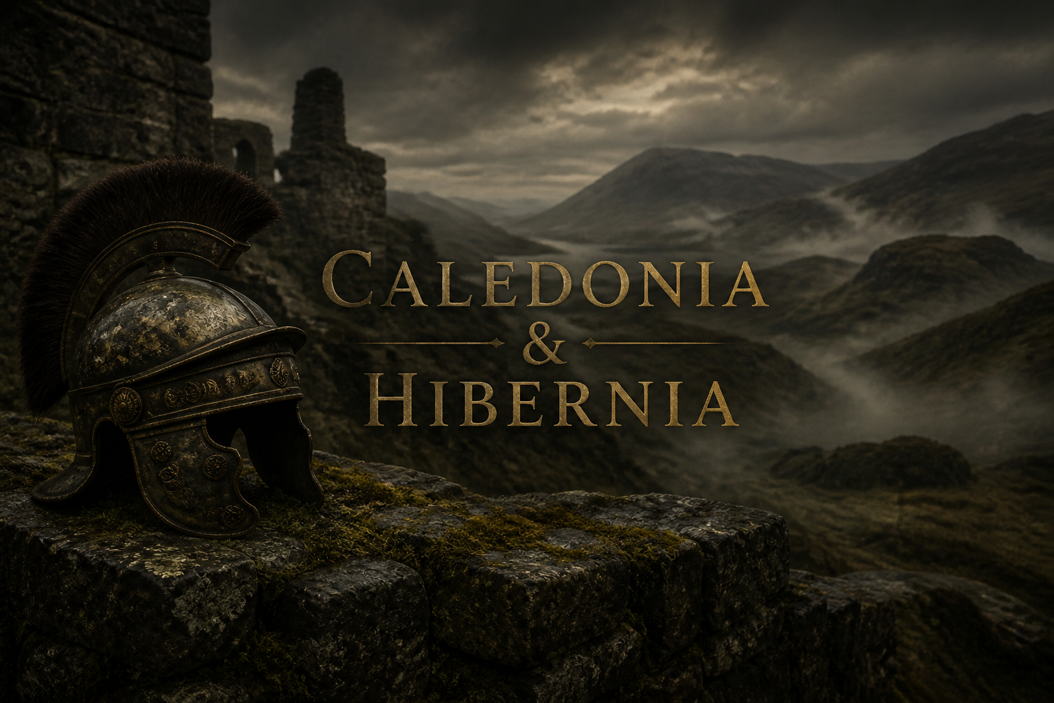 Roman legionary helmet resting on a ruined wall above a misty northern glen, evoking the Roman names Caledonia and Hibernia