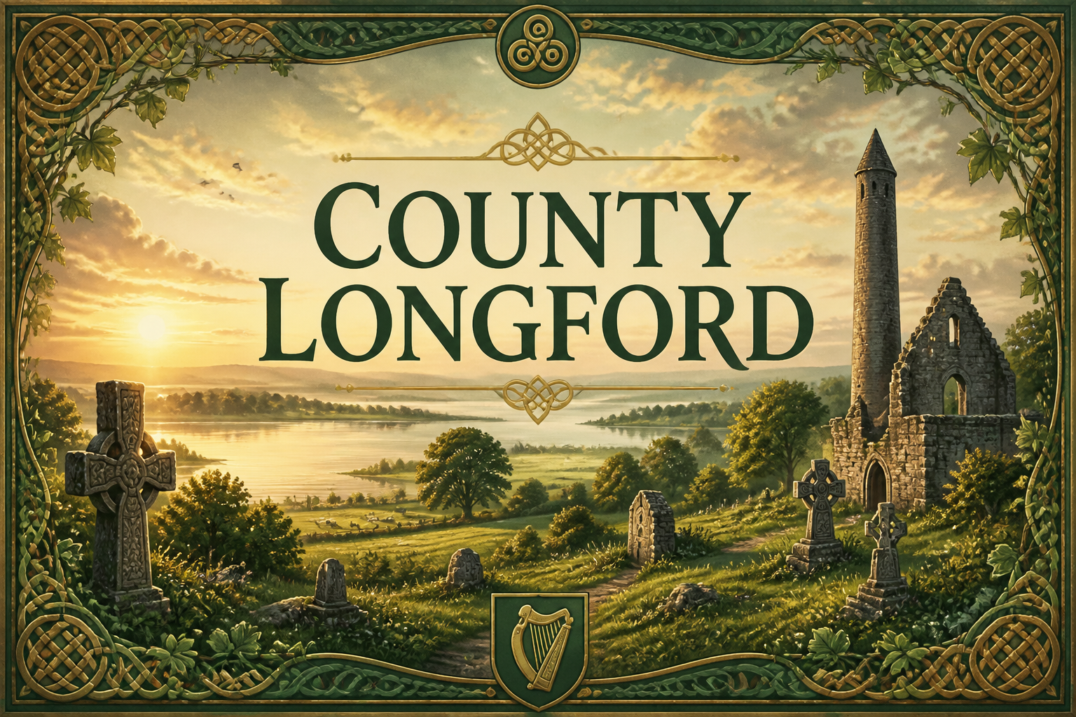 Round tower and monastic ruins with Celtic crosses beside a lough at golden sunrise, County Longford, Ireland — Celtic Ancestry Gifts