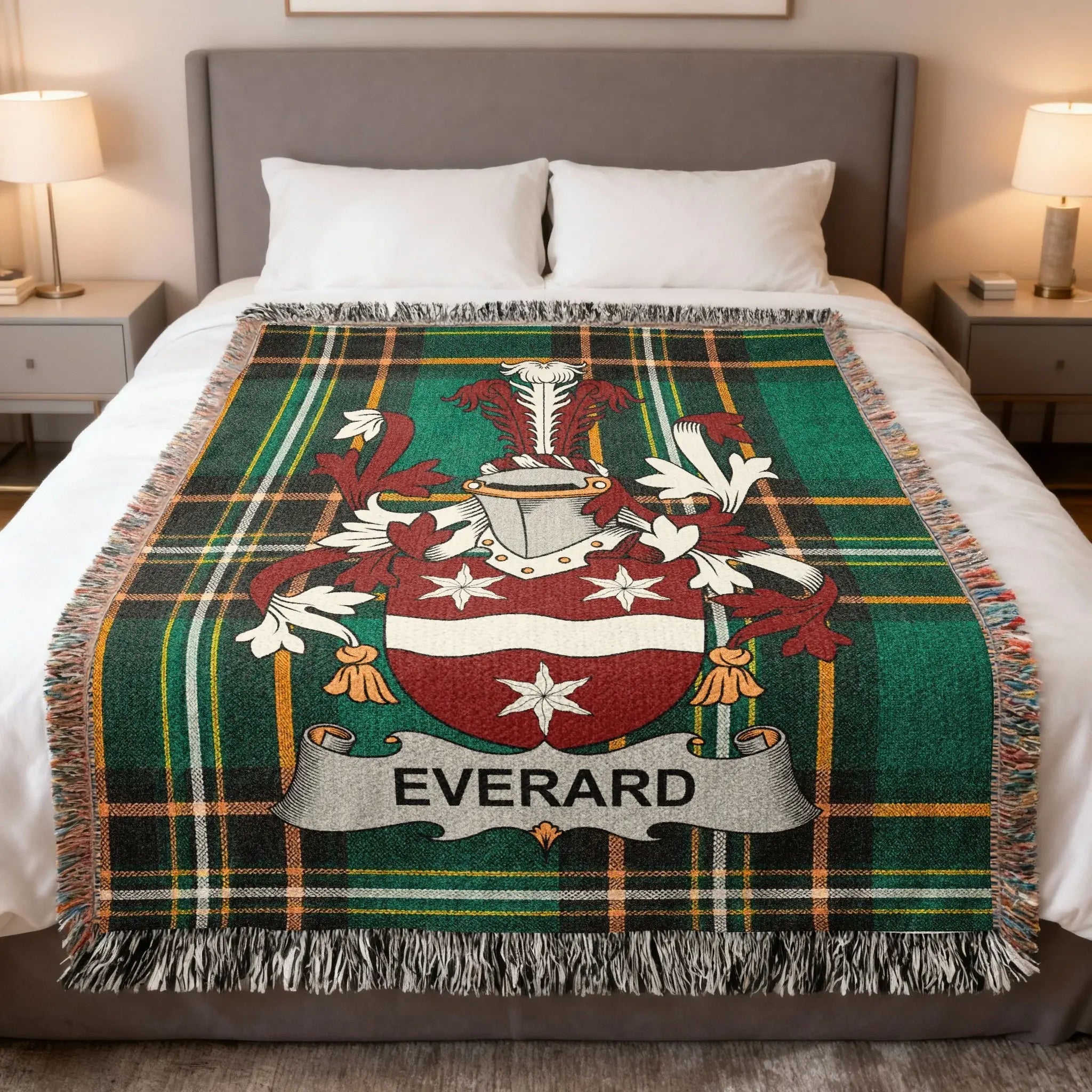 Everard family woven blanket with a family crest on Irish tartan, celebrating Everard Meath Tipperary heritage