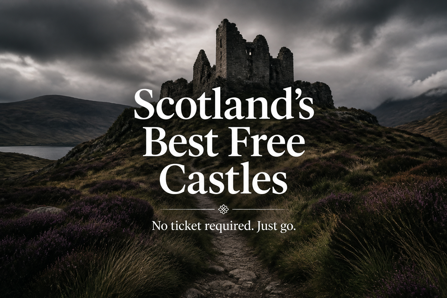 A ruined Scottish tower house on a heather moorland hillside under a dramatic overcast sky with a path leading up to it — Scotland's Best Free Castles — no ticket required historic sites open to the public across Scotland
