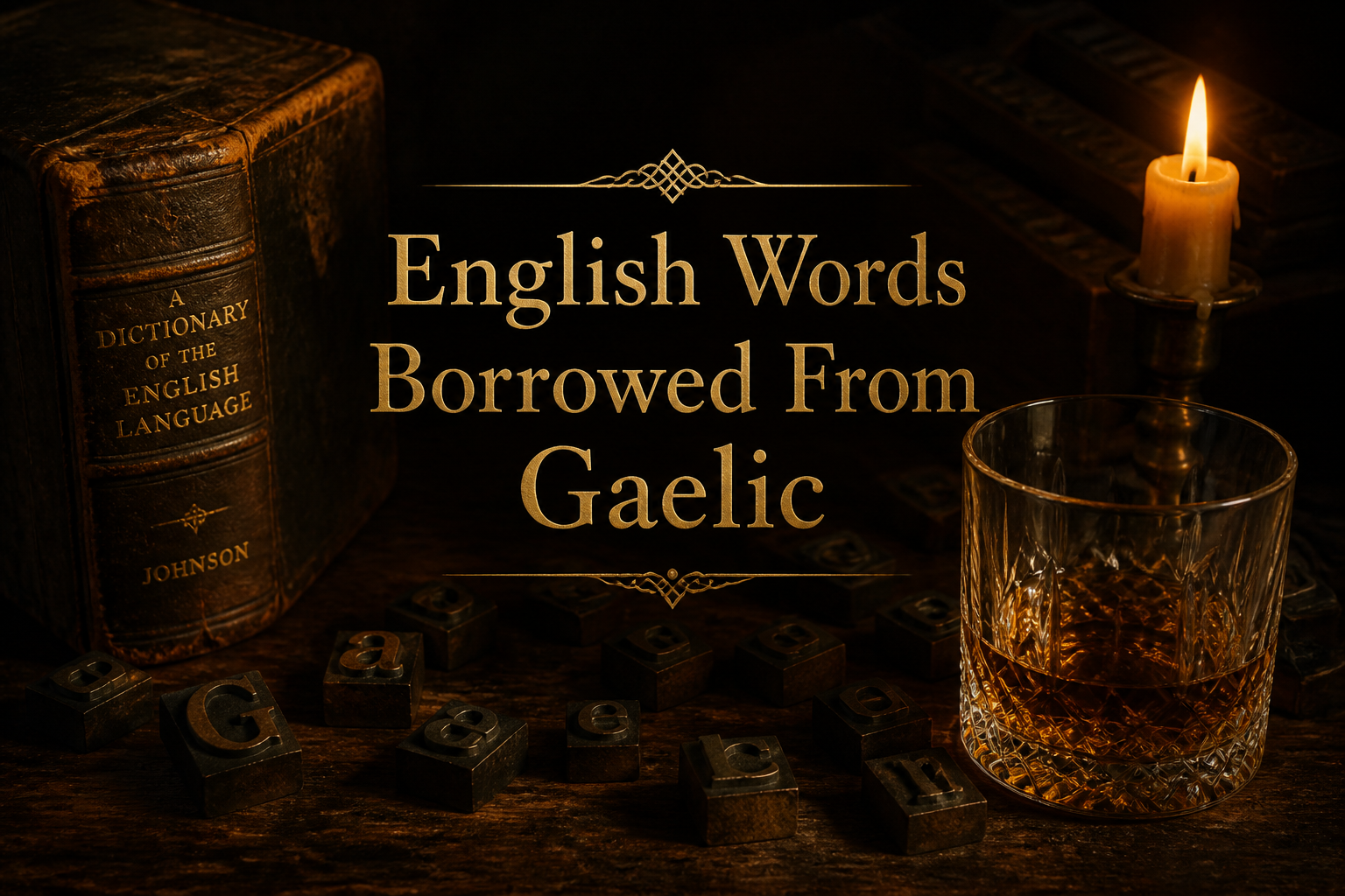 Whisky glass, an old dictionary and scattered letterpress type on dark wood, illustrating English words borrowed from Gaelic