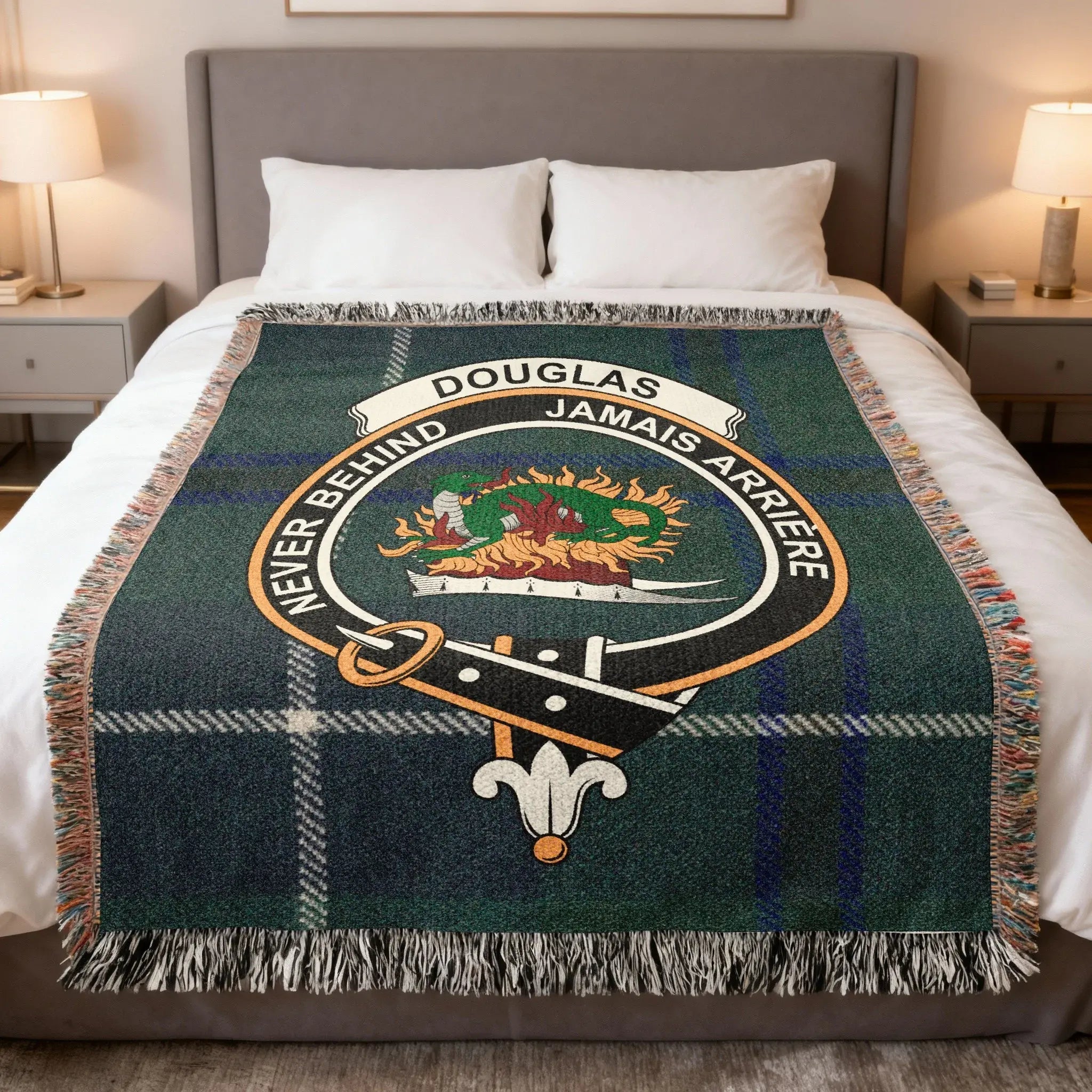 Douglas clan tartan woven blanket with crowned heart crest — the heirloom pick in our Douglas heritage gift guide
