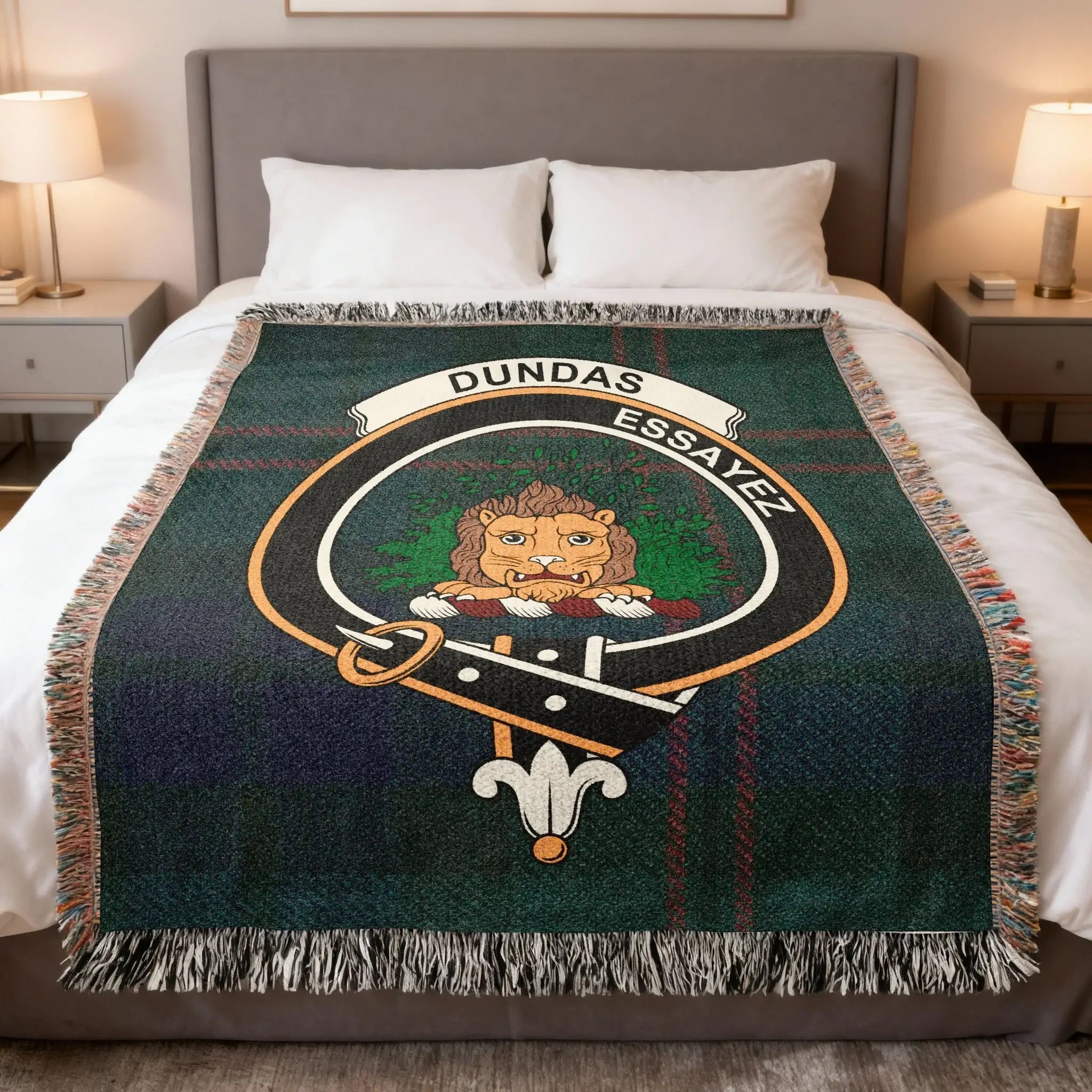 Dundas clan Scottish tartan woven blanket representing West Lothian heritage and the motto Essayez