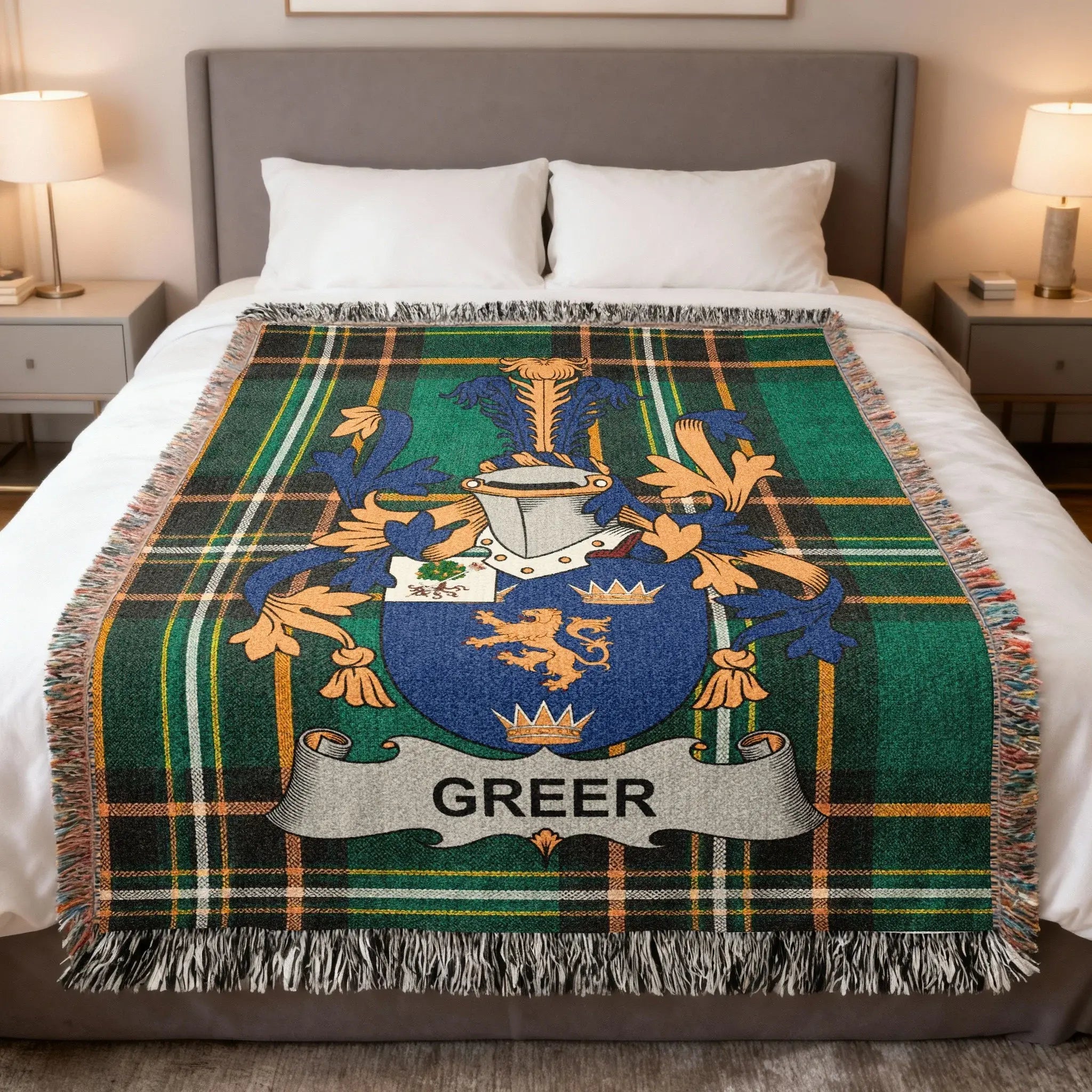 Greer family woven blanket with a family crest on Irish tartan, celebrating Greer Ulster heritage