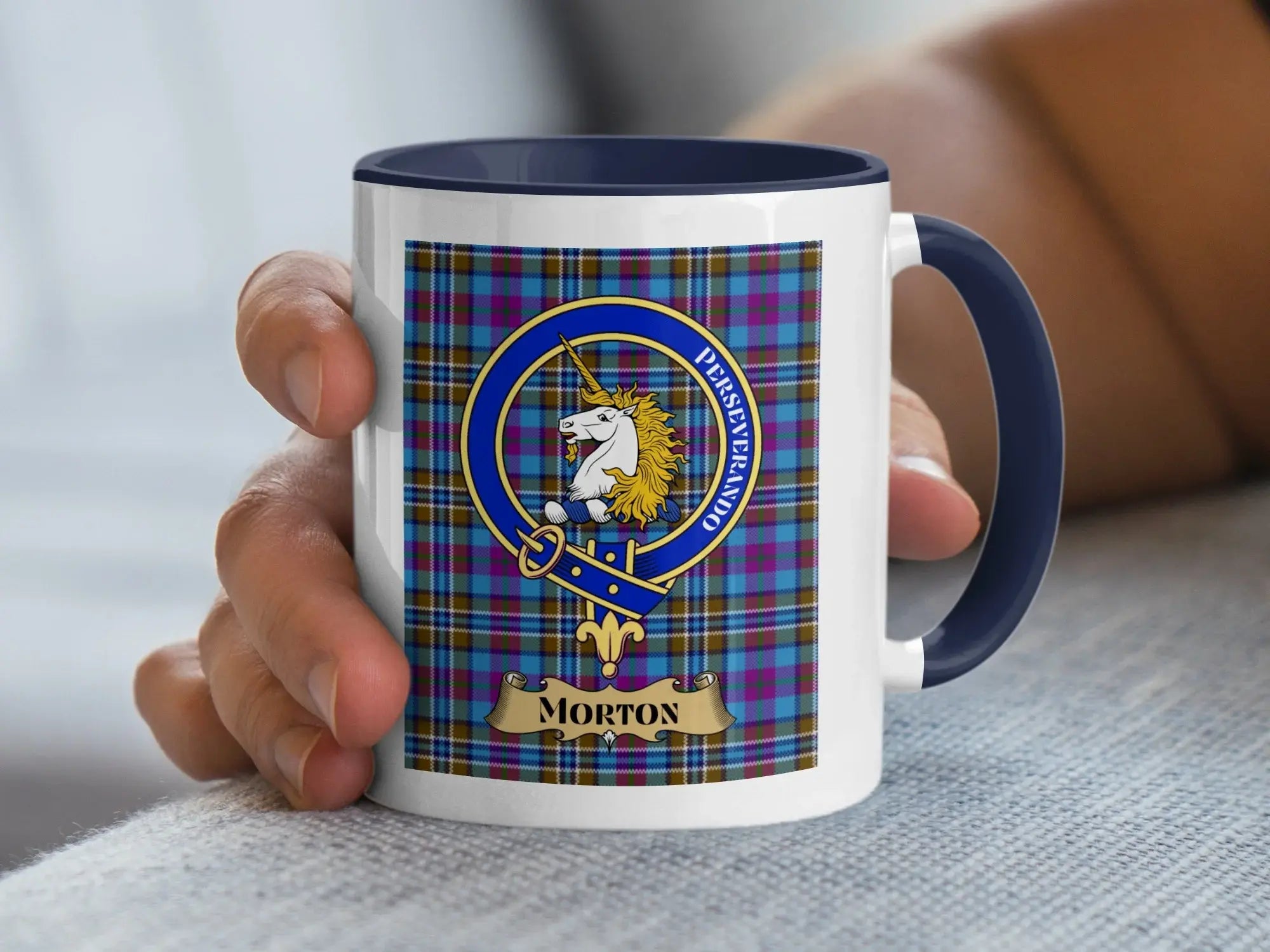 Morton family crest mug, a Scottish heritage gift