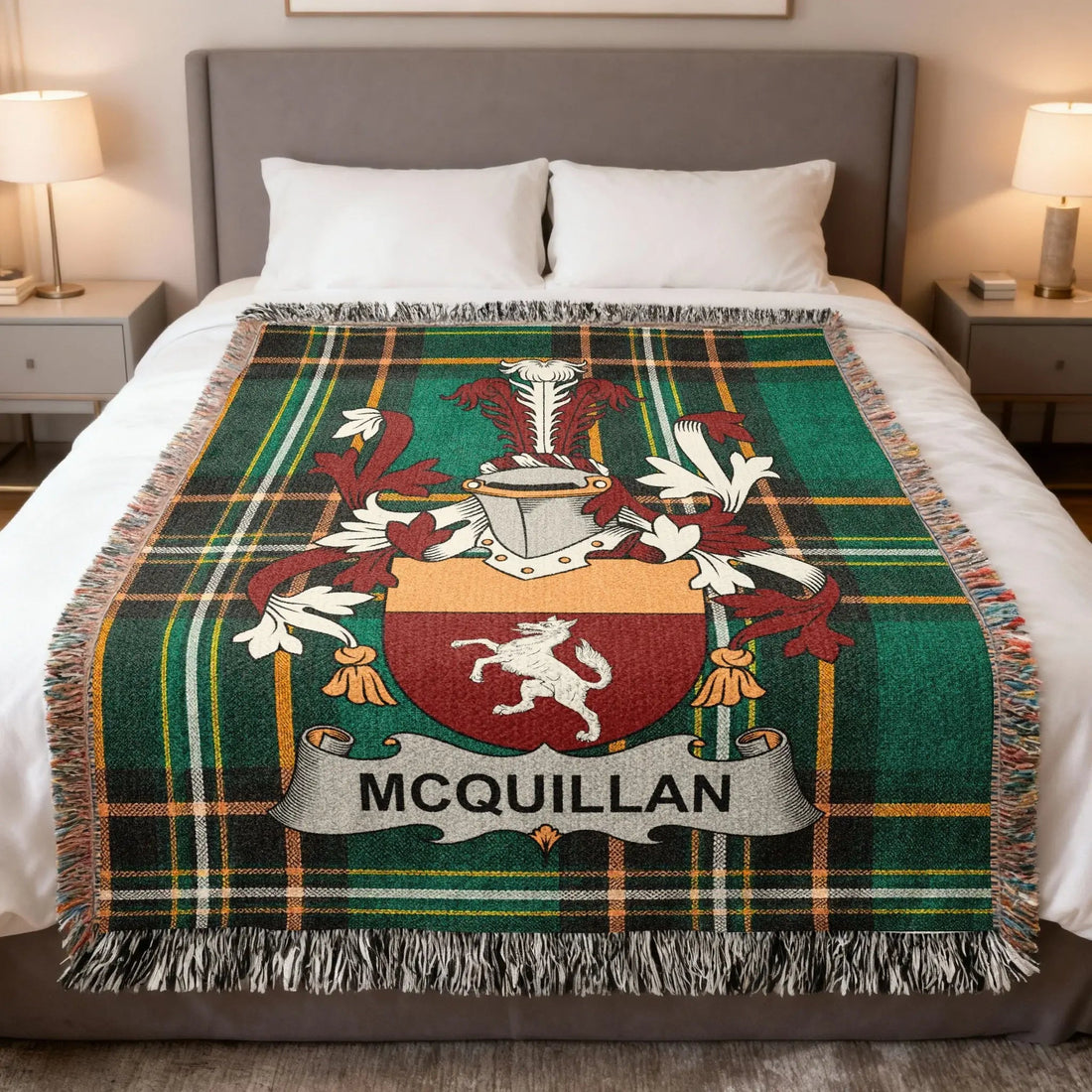 McQuillan family crest woven blanket in the Irish national tartan