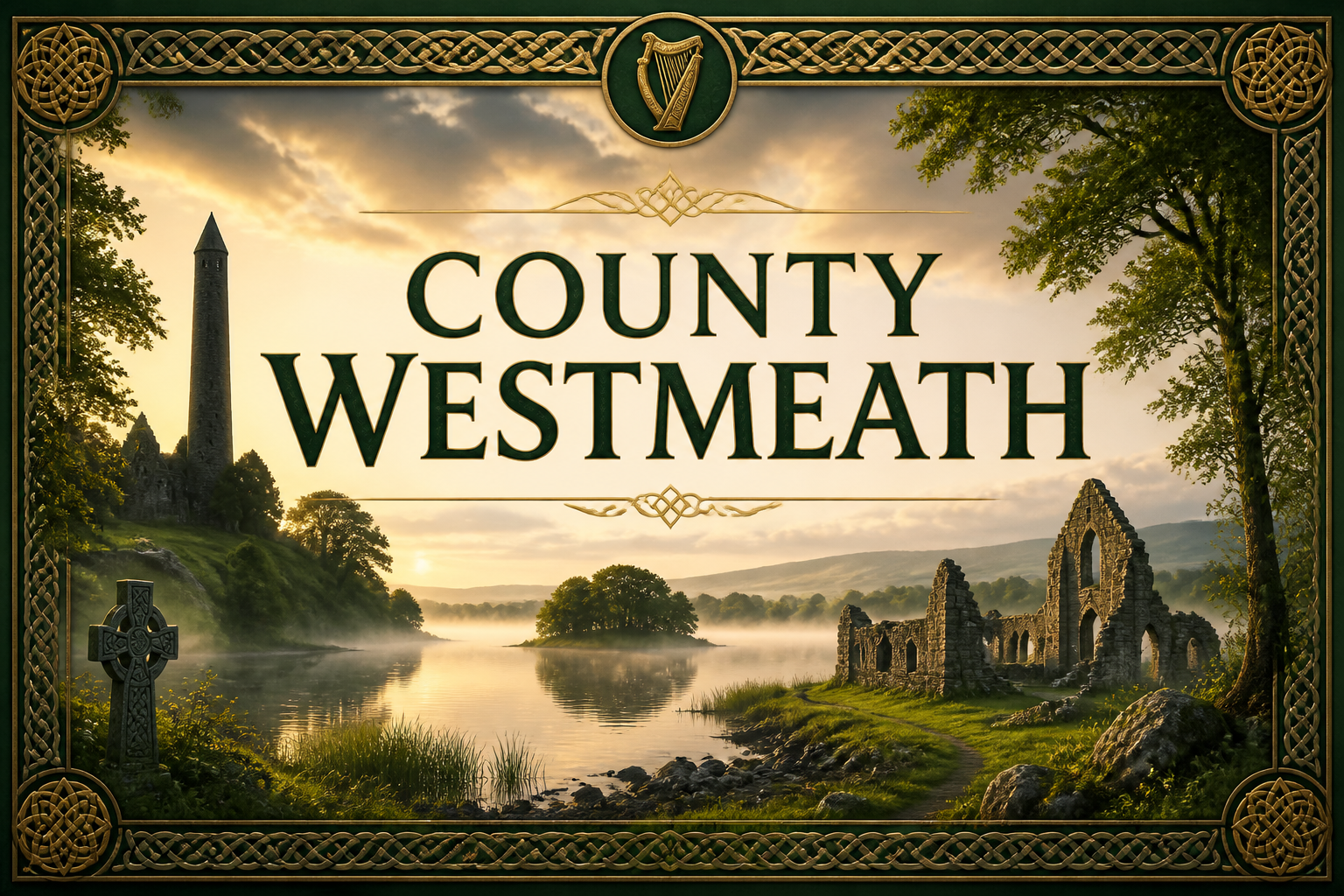 Round tower and abbey ruins reflected in a misty lough at sunrise with Celtic cross and woodland, County Westmeath, Ireland — Celtic Ancestry Gifts