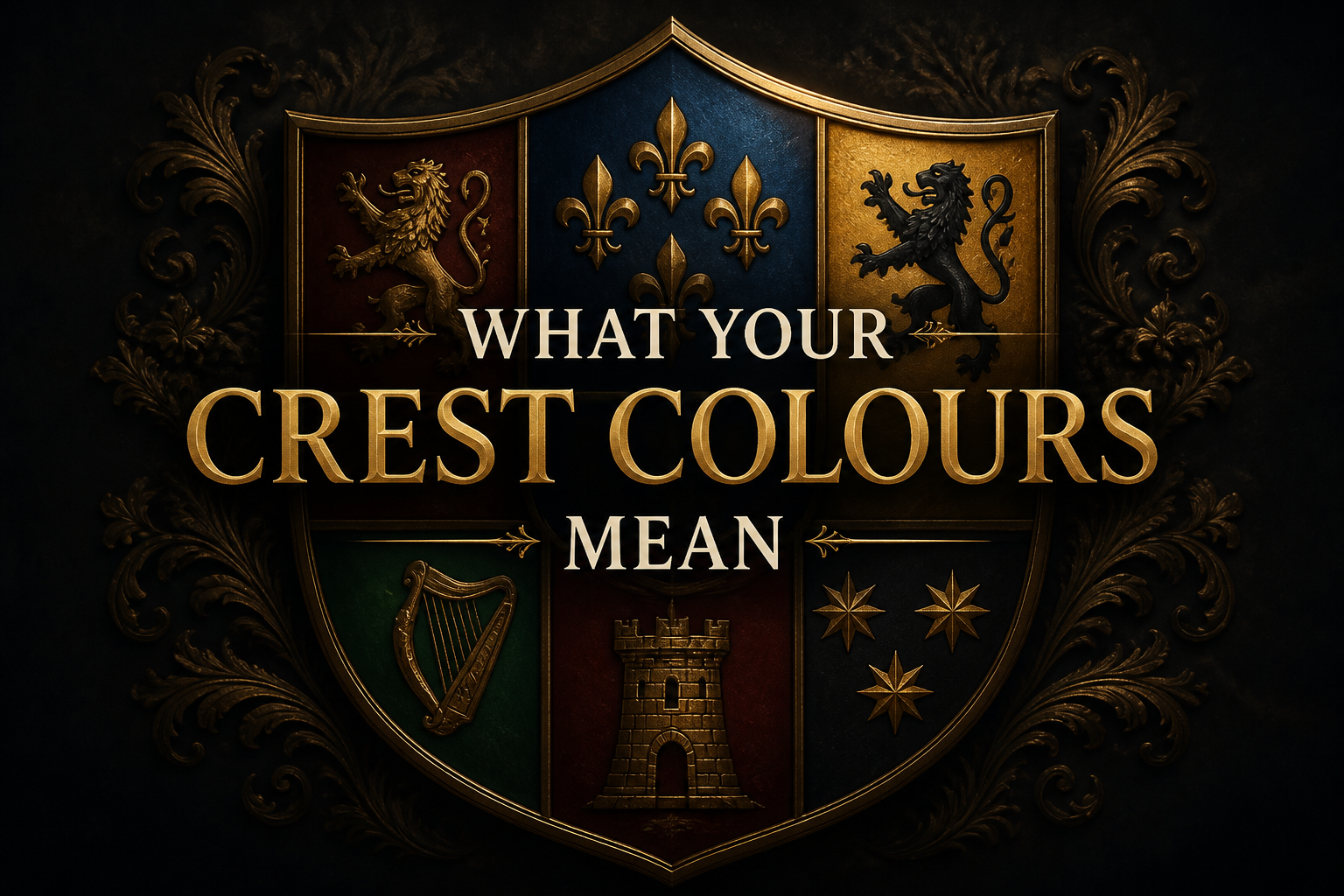 What crest colours mean — heraldic shield in gold, red, blue, green and black with a lion, harp, castle and stars
