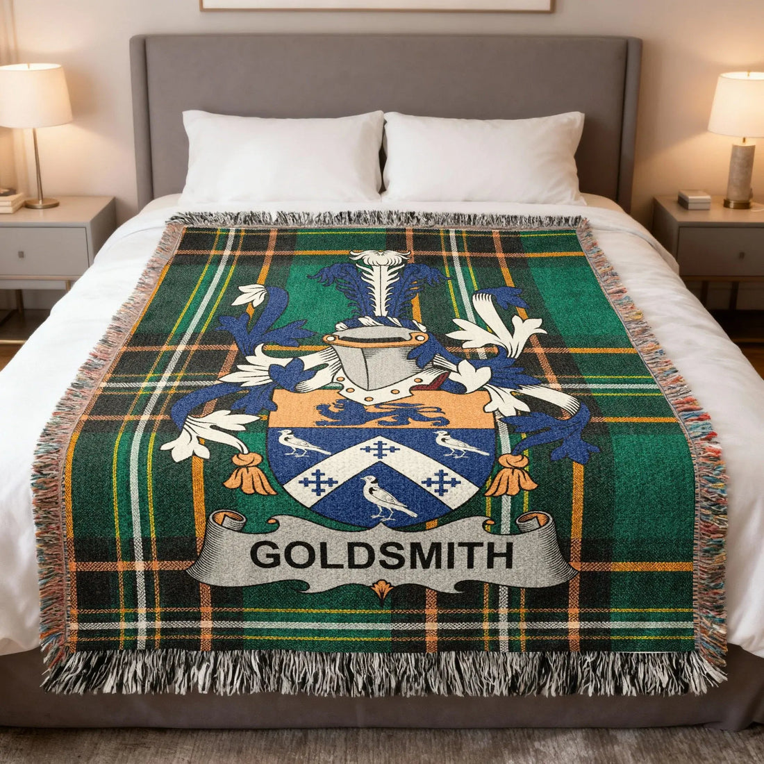 Goldsmith Irish heritage woven blanket with family crest-style artwork
