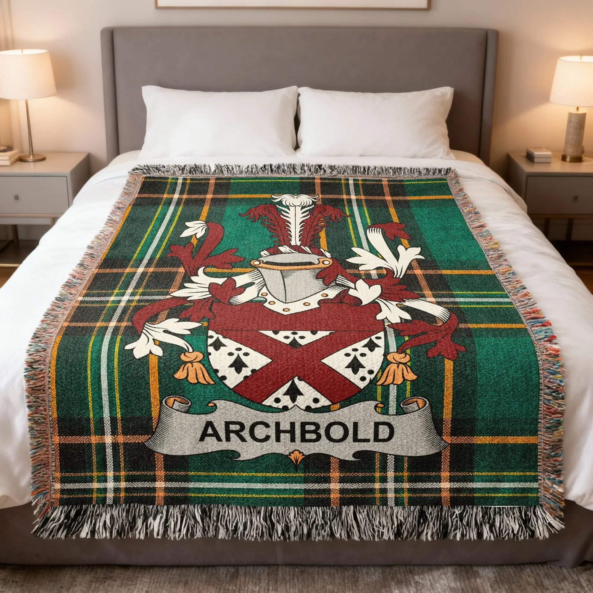 Archbold family woven blanket with a family crest on Irish tartan, celebrating Archbold Anglo-Norman Dublin heritage