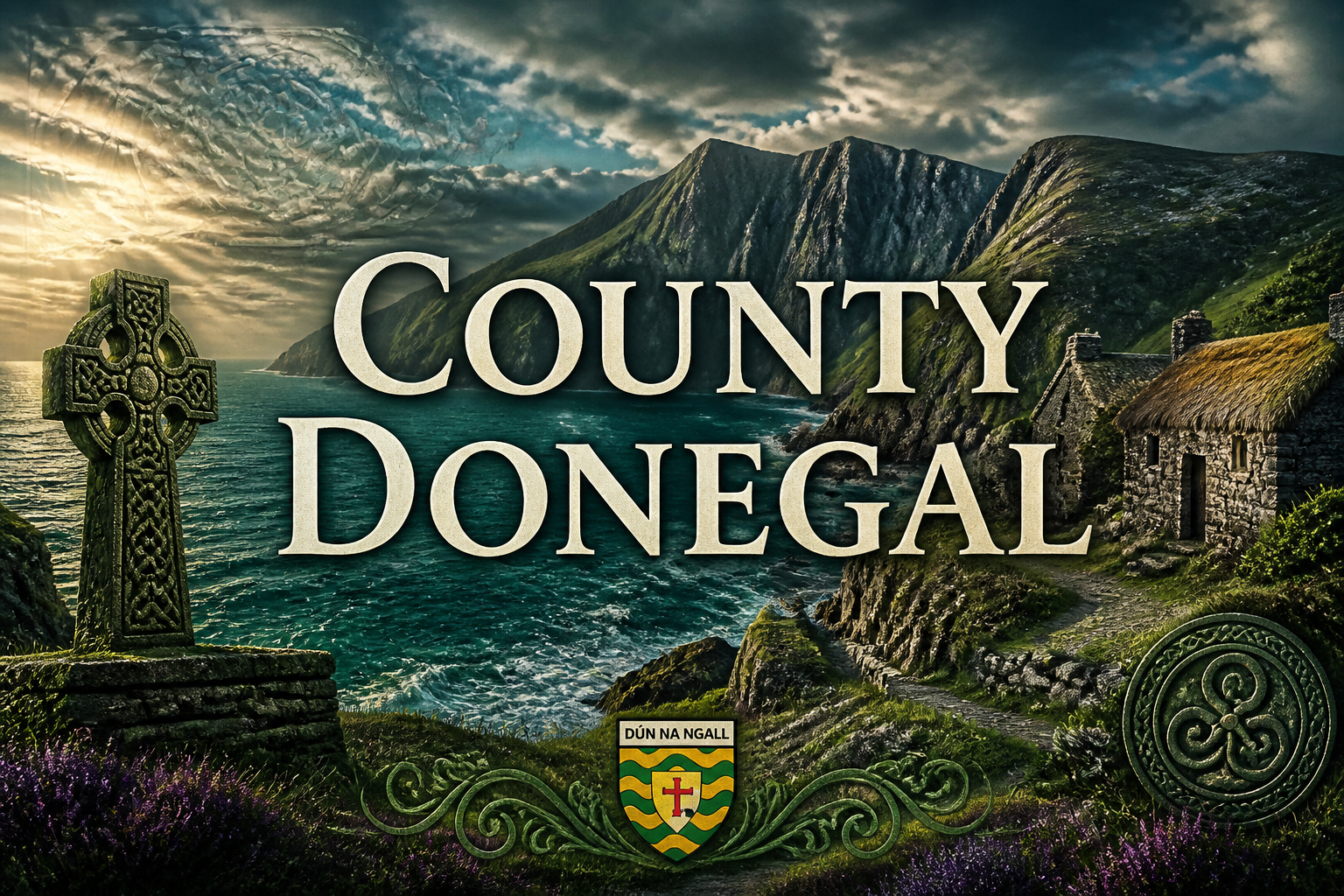 Atlantic cliffs with Celtic cross, thatched stone cottage and dramatic stormy sky, County Donegal, Ireland — Celtic Ancestry Gifts