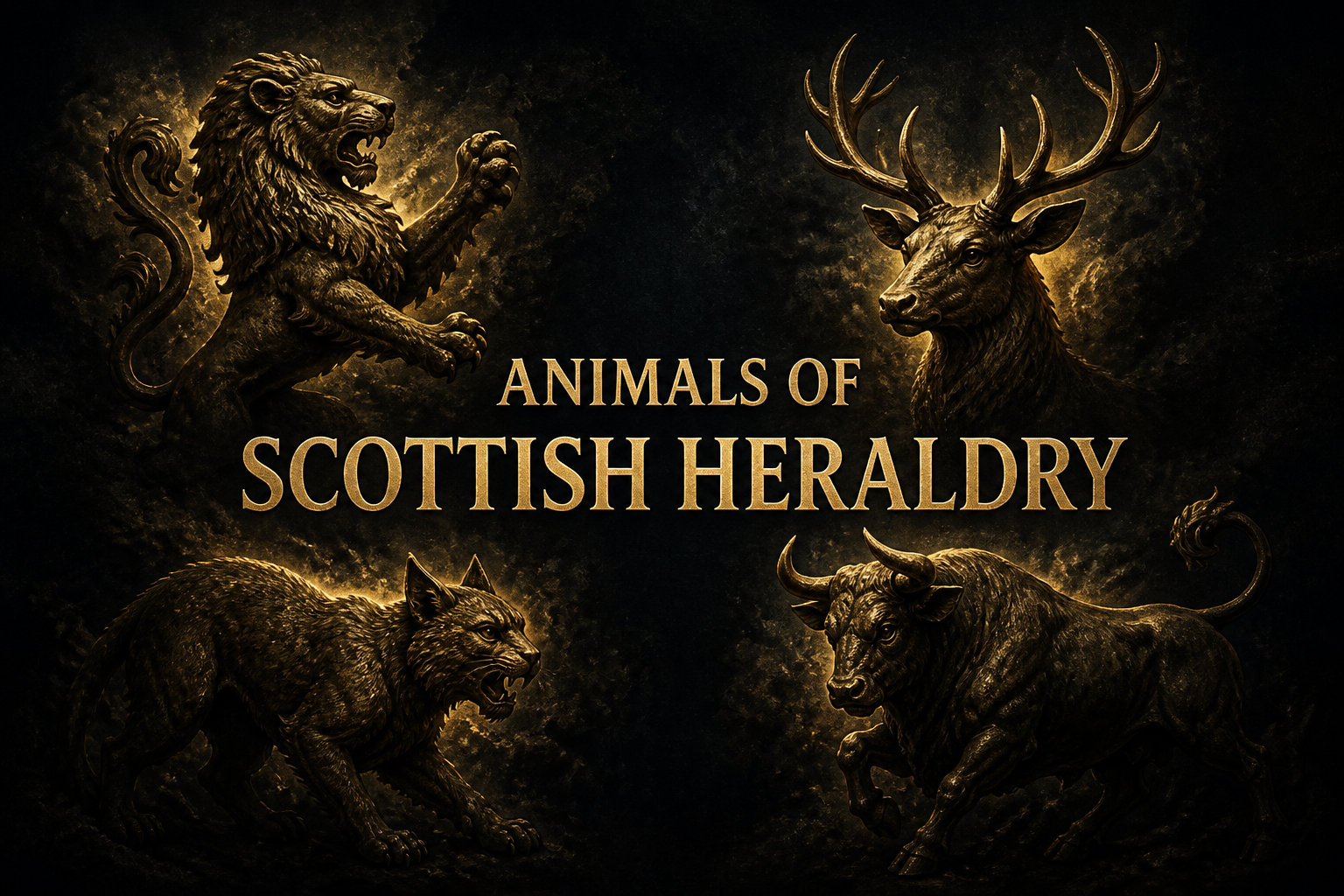 Animals of Scottish heraldry — a gold lion, stag, wildcat and bull emerging from a dark background