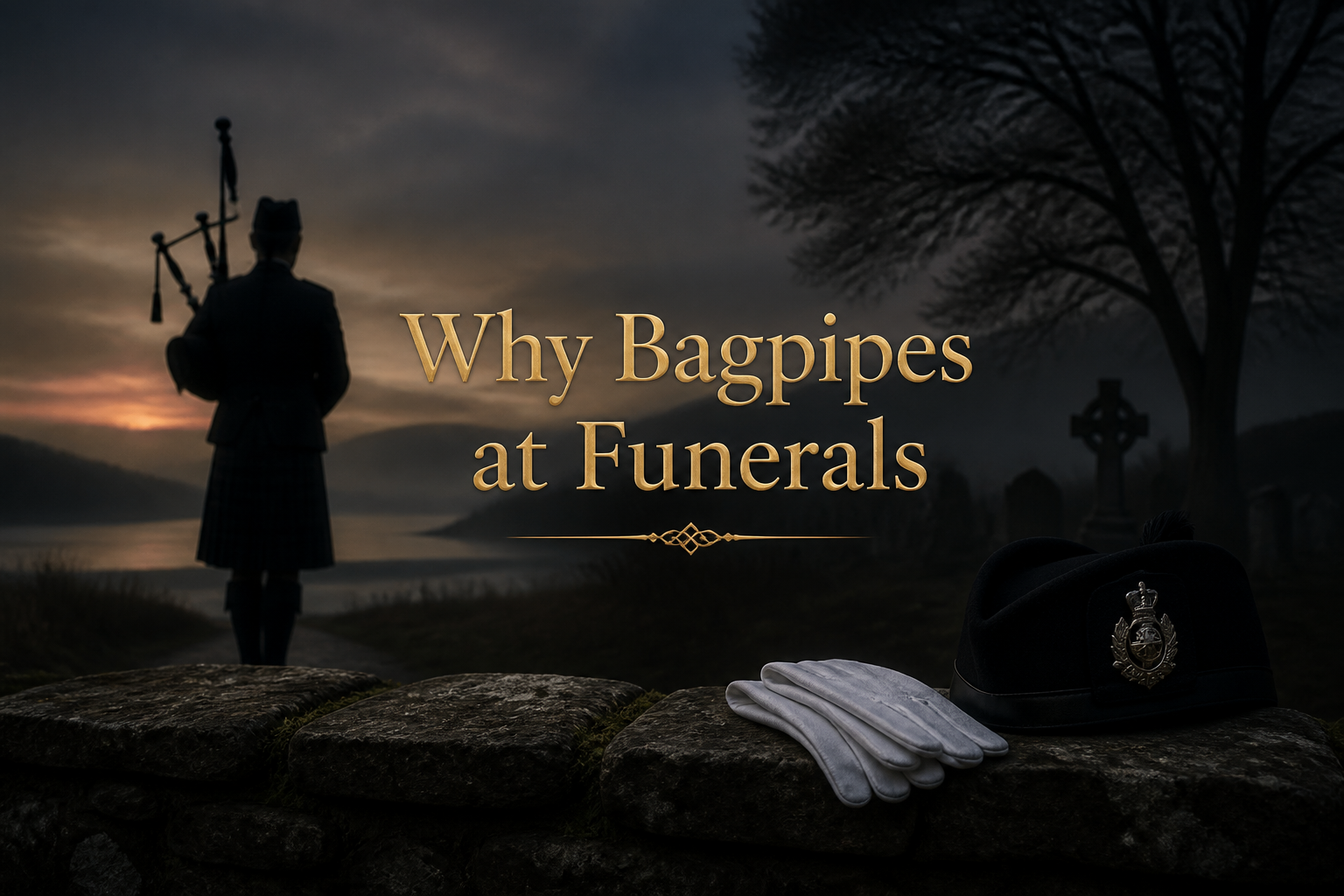 Lone kilted piper silhouetted at misty dusk with white gloves and a regimental cap on a stone wall, on bagpipes at funerals