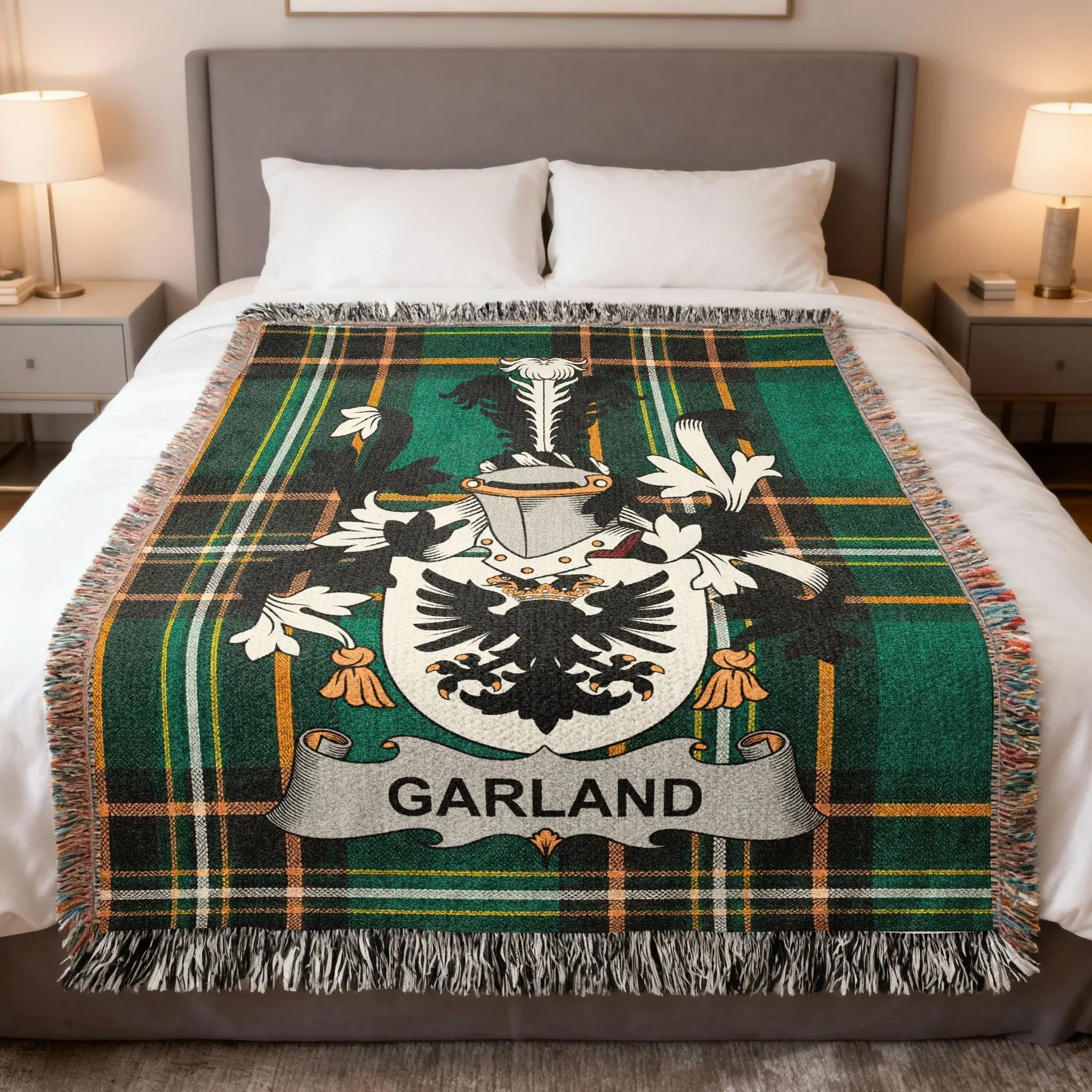 Garland Irish heritage woven blanket featuring a family crest design over Irish National Tartan