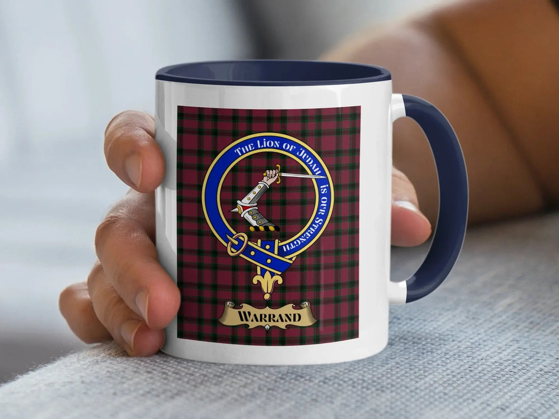 Warrand family crest mug on a tartan background, a heritage gift for one of the rarest surnames in the Scottish census