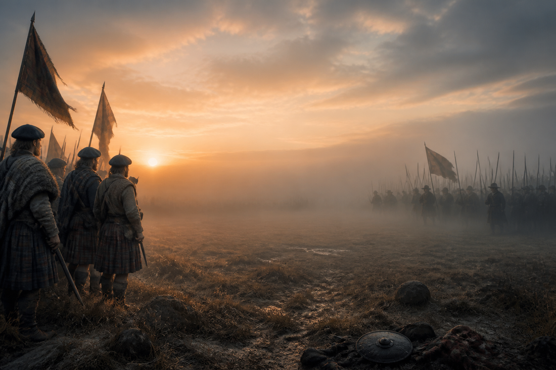 Soldiers in mist at dawn, evoking Cromwell's victory at the Battle of Dunbar in 1650.