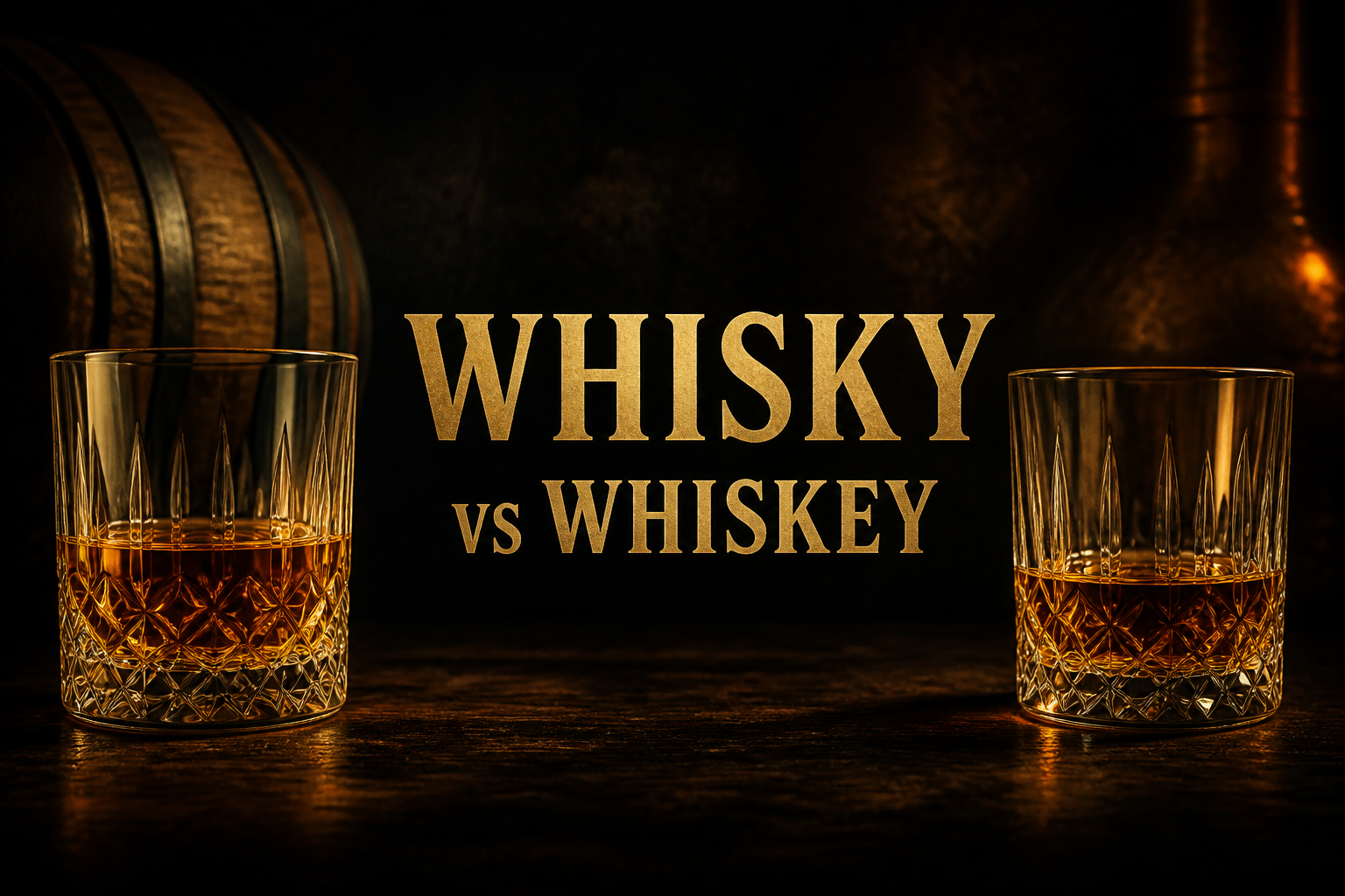Two crystal glasses of amber spirit beside an oak barrel in warm light, comparing Scotch whisky and Irish whiskey