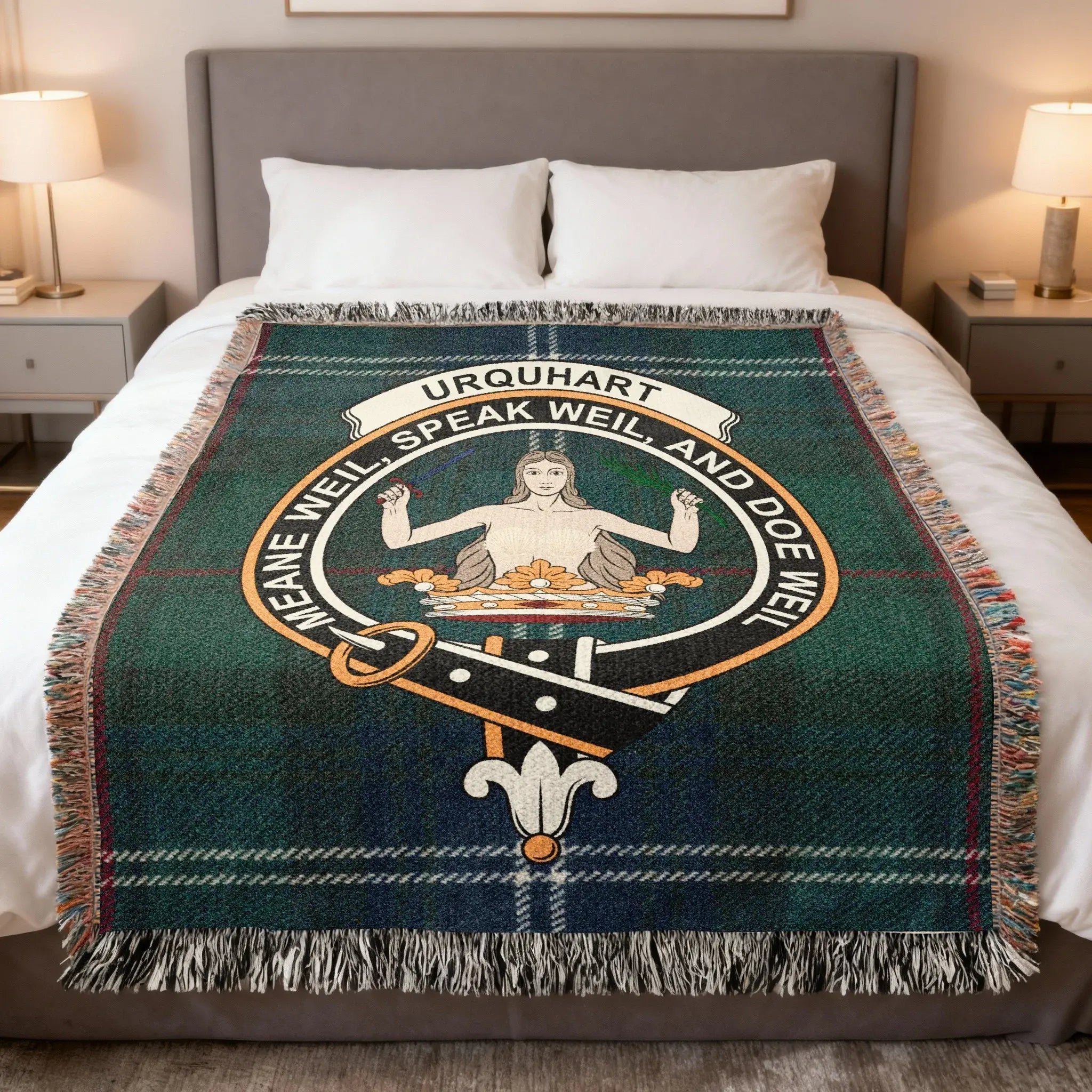 Urquhart Clan Scottish Tartan Woven Heritage Blanket — celebrating the history, motto, and Black Isle origins of Clan Urquhart of Cromarty.