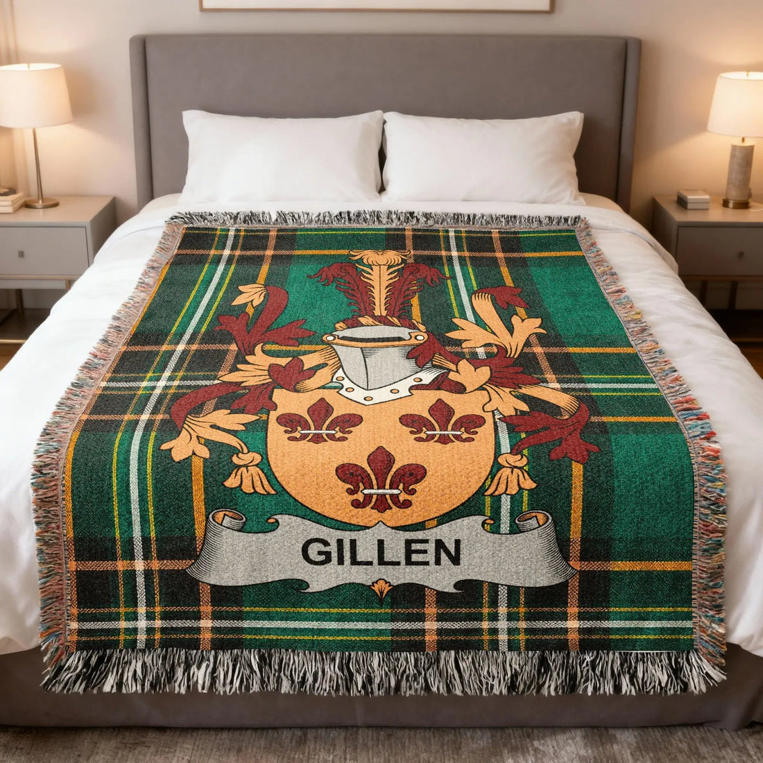 Gillen Irish woven blanket featuring the store's Gillen heritage design