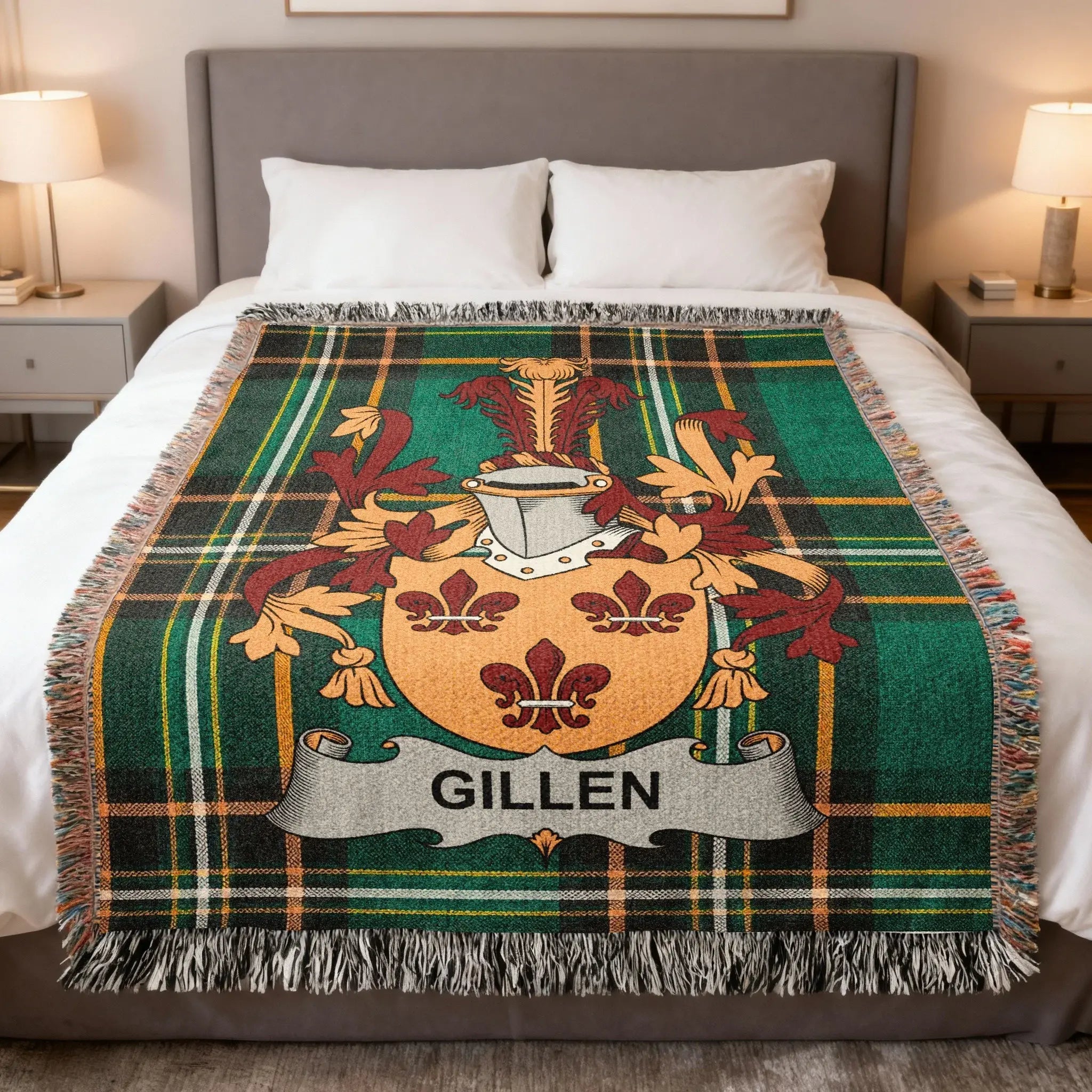 Gillen Irish woven blanket featuring the store's Gillen heritage design