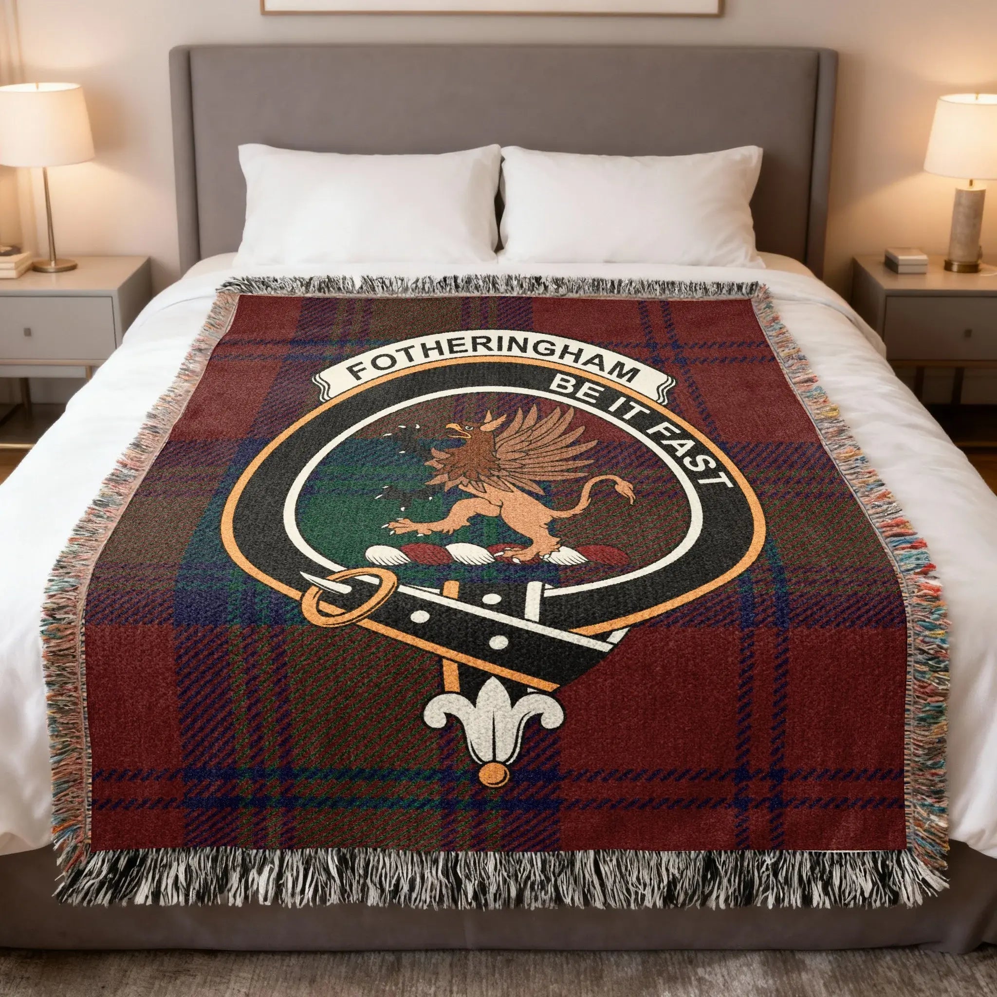Clan Fotheringham Scottish tartan woven heritage blanket, a keepsake for the Angus family of Powrie Castle near Dundee