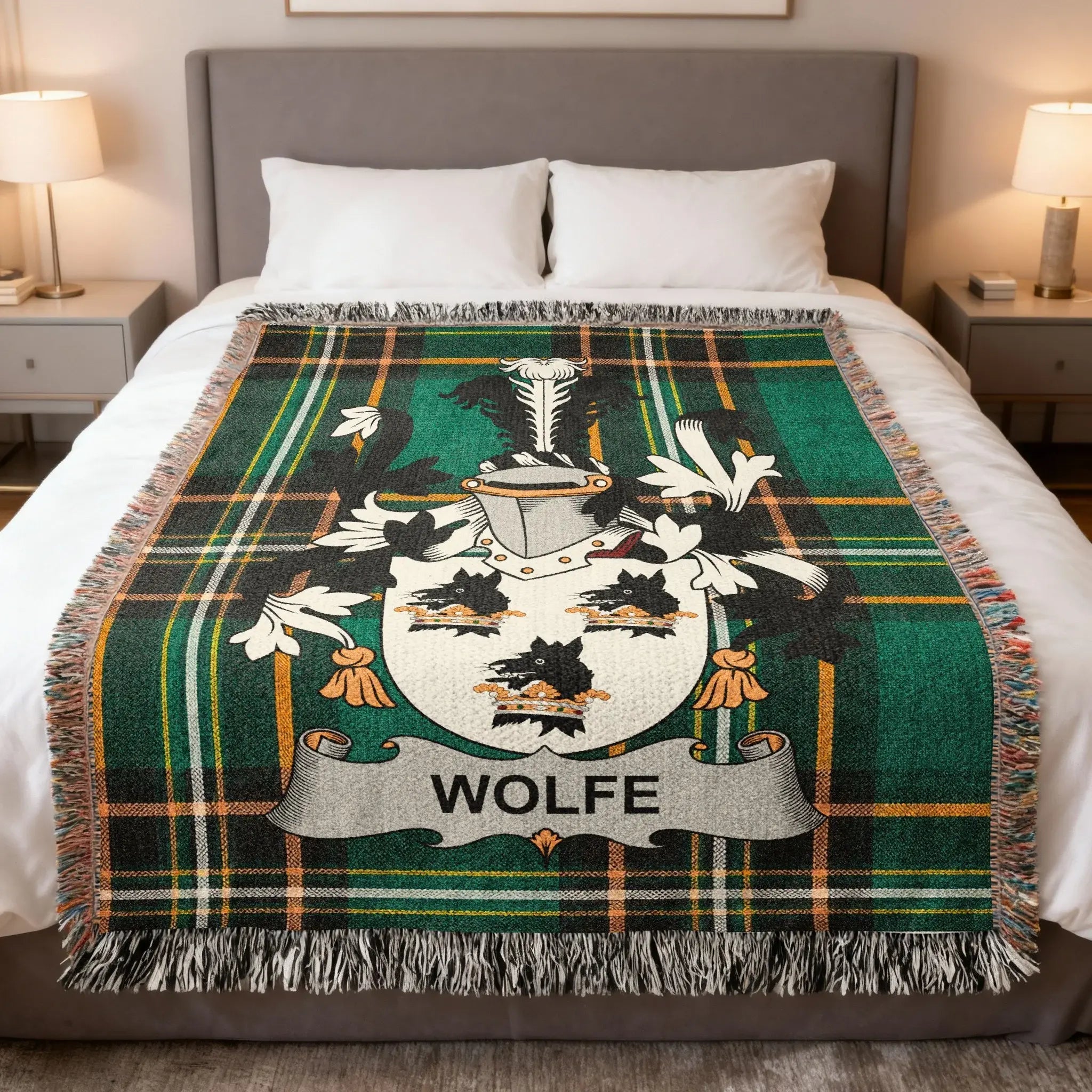 Wolfe family woven blanket with a family crest on Irish tartan, celebrating Wolfe Kildare heritage and Wolfe Tone
