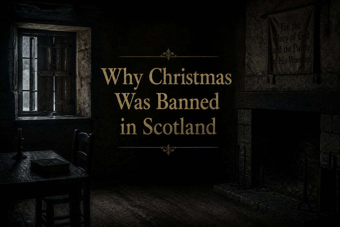 Austere cold 17th-century Scottish room with an unlit hearth and shuttered window, sombre scene on Christmas banned in Scotland