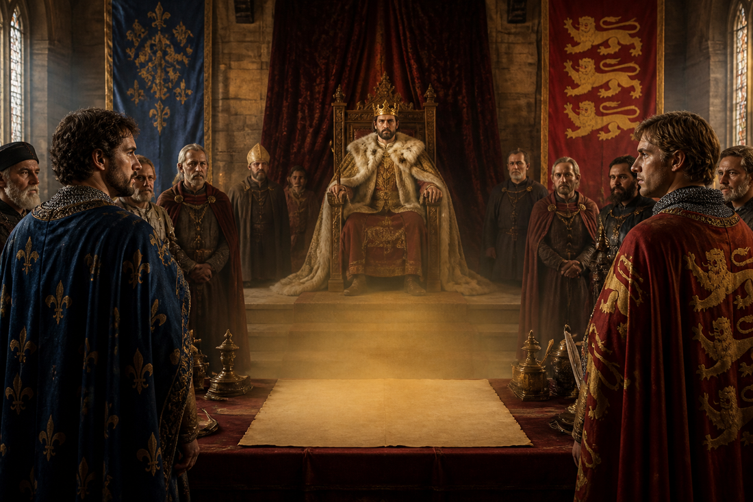 A medieval court of judgement, evoking the Great Cause and John Balliol's claim to the throne in 1292.