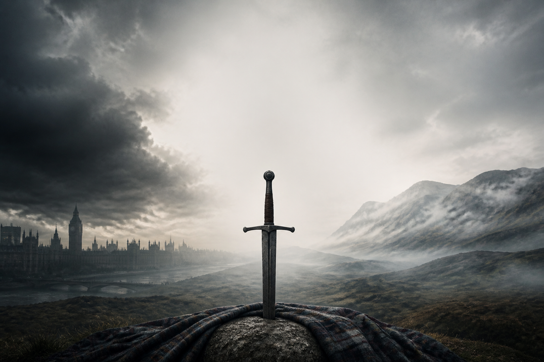 A sword on a misty battlefield near a cathedral city, evoking the Battle of Neville's Cross in 1346.