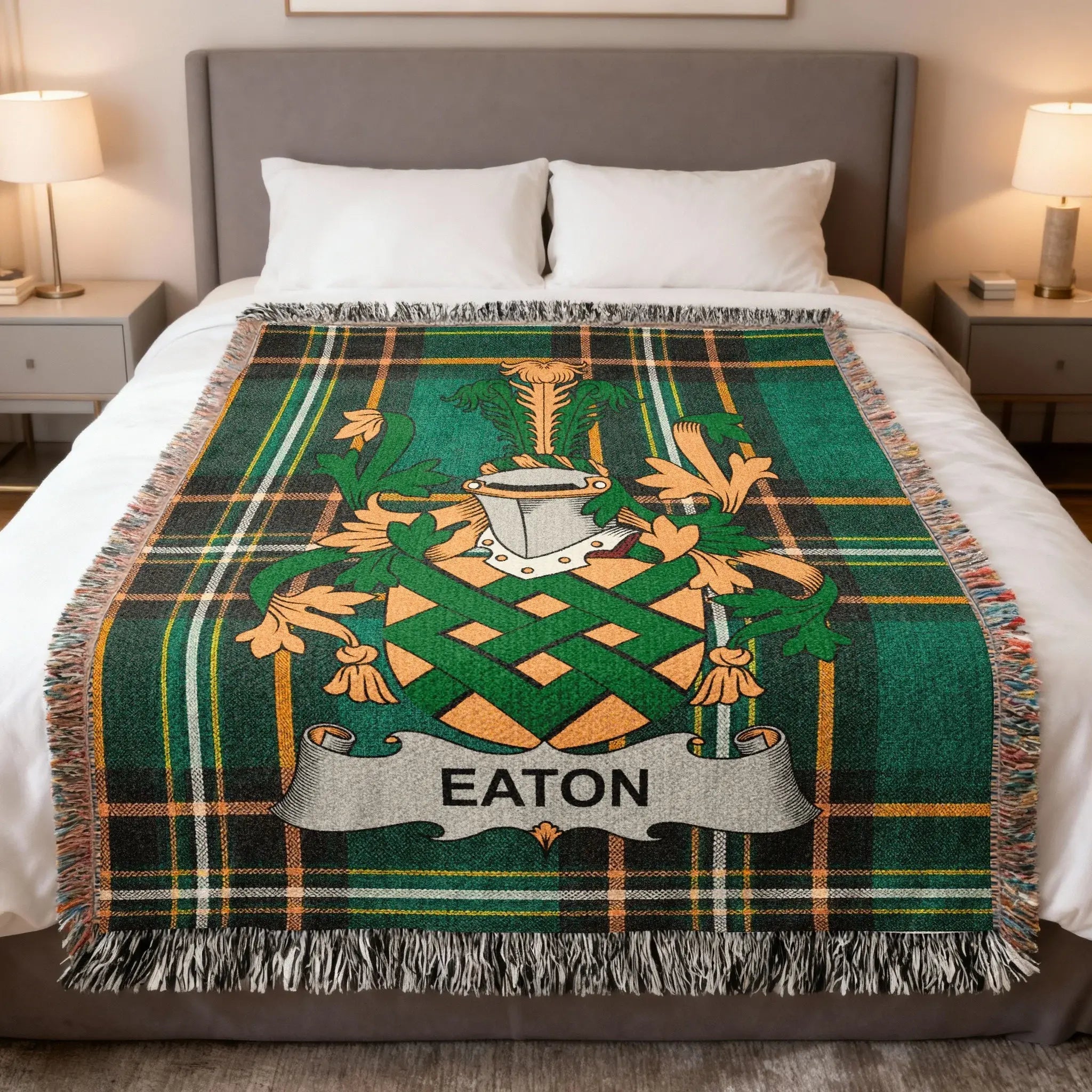 Eaton family woven blanket with a family crest on Irish tartan, celebrating Eaton Irish heritage