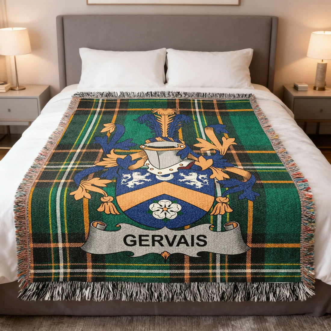 Gervais Irish heritage woven blanket featuring a family crest design over Irish National Tartan