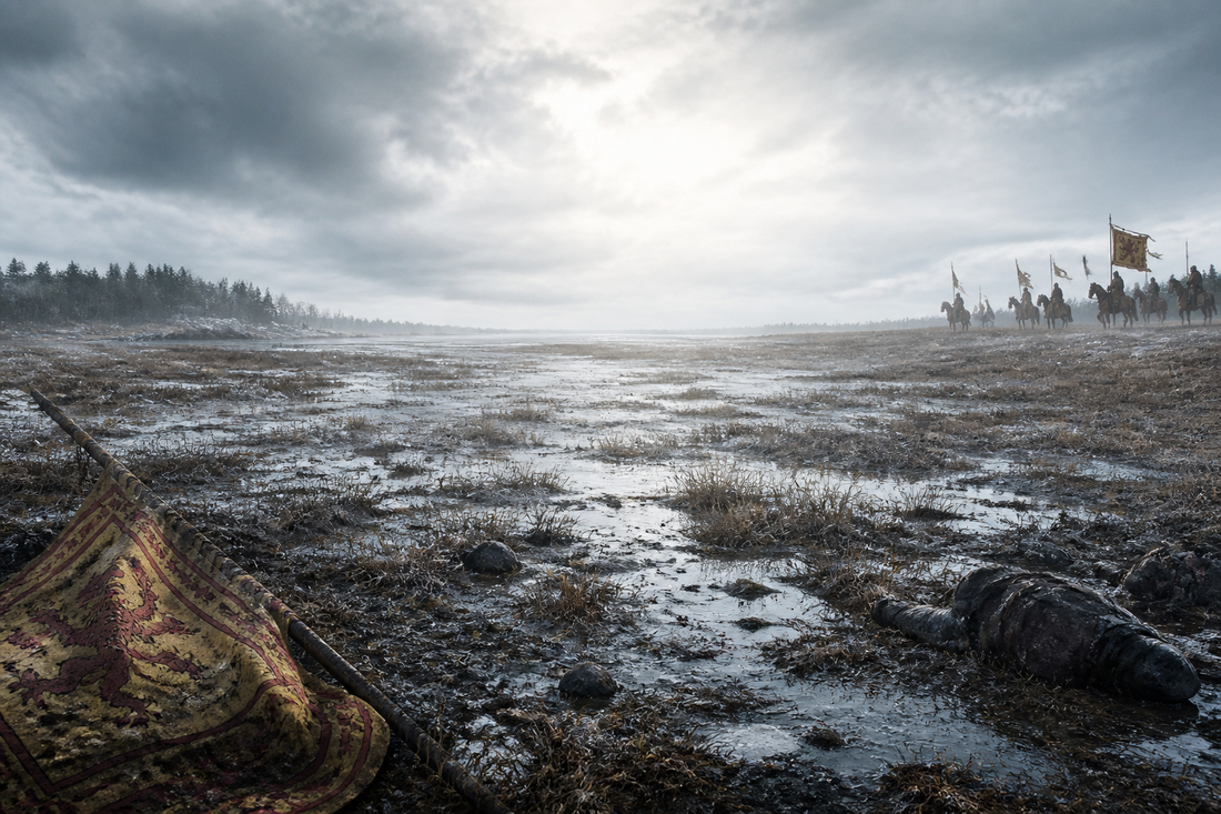 A bleak marshy battlefield in mist, depicting the Scottish defeat at Solway Moss in 1542.