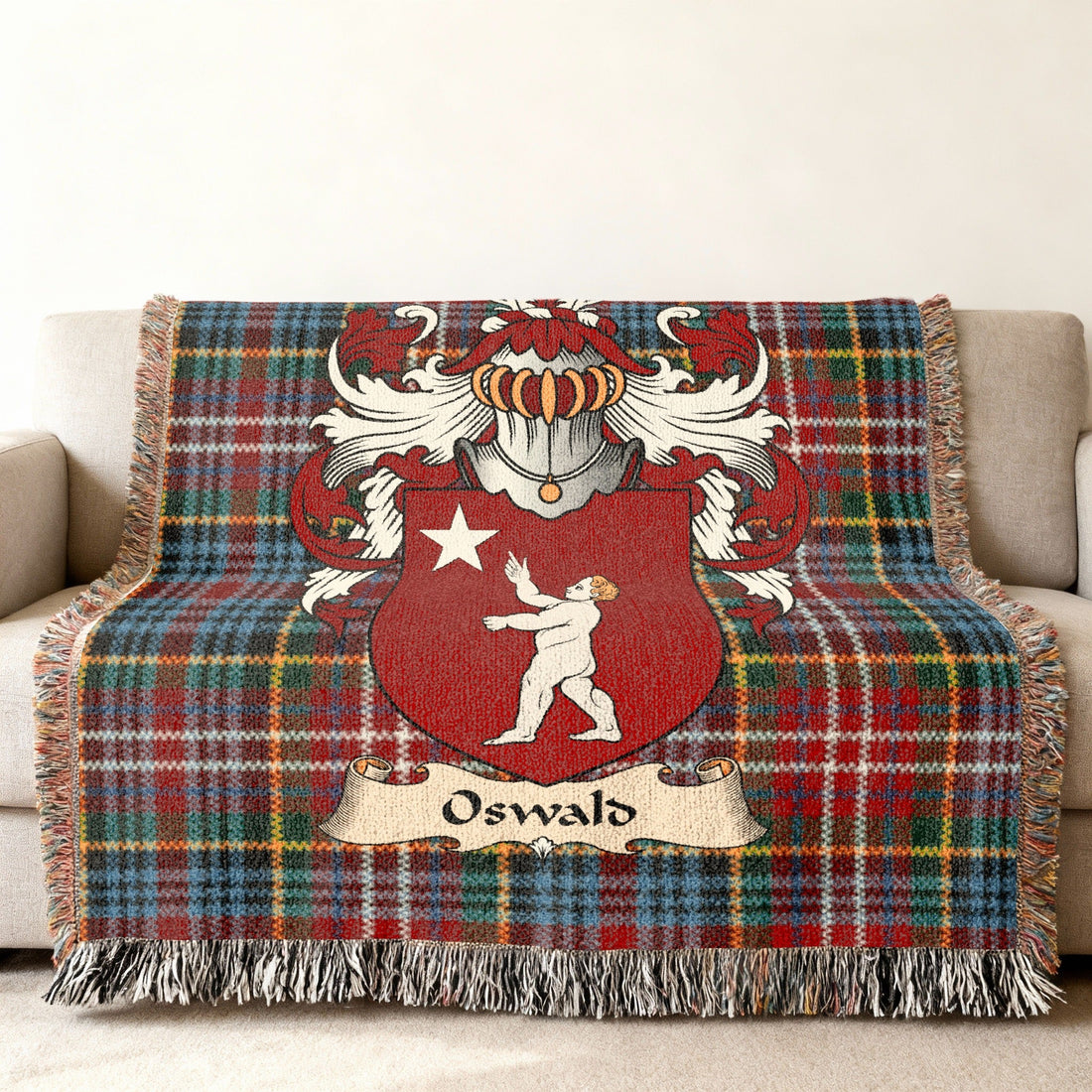Oswald surname heritage design on a woven blanket