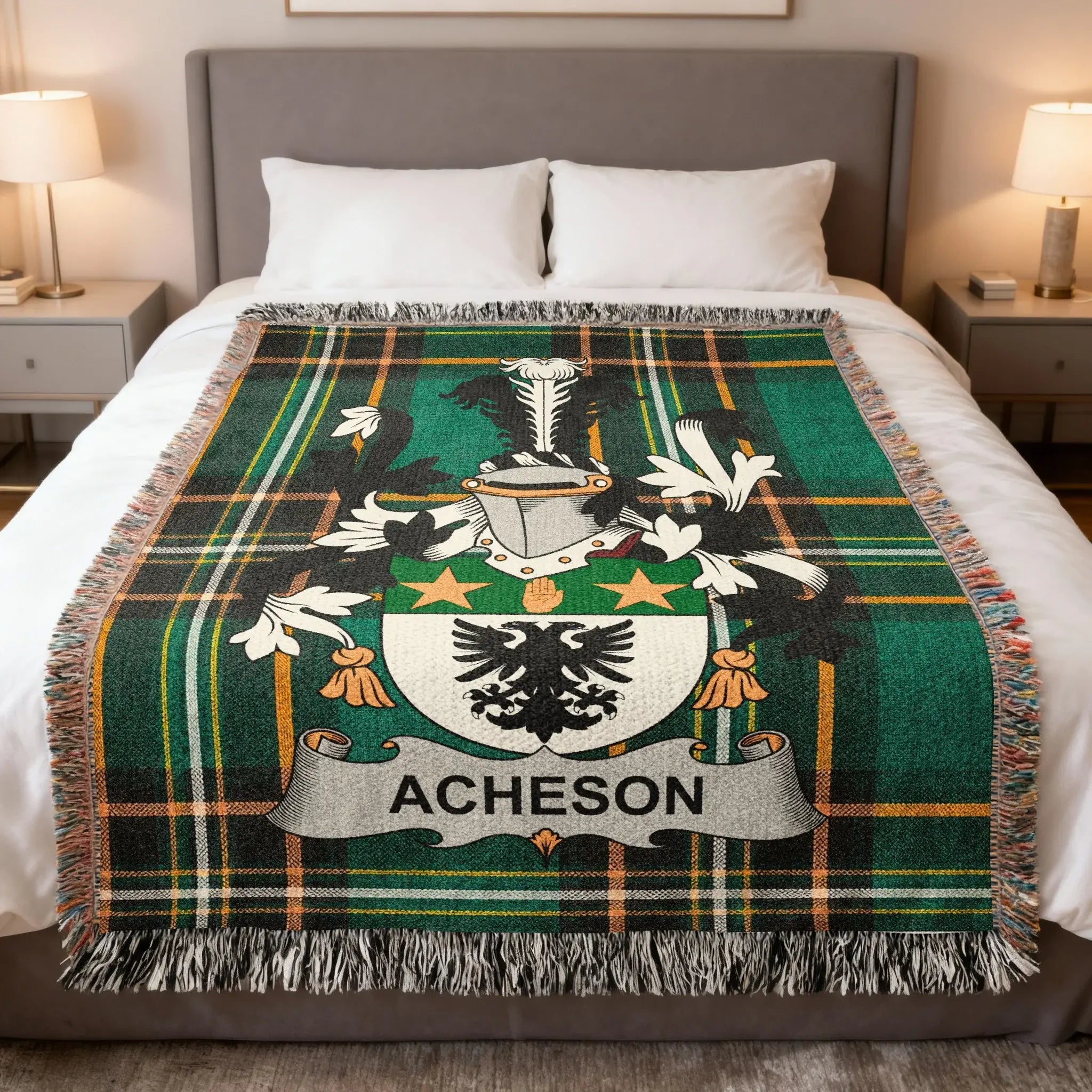 Acheson family woven blanket showing a family crest on Irish tartan, celebrating Acheson Ulster-Scots heritage