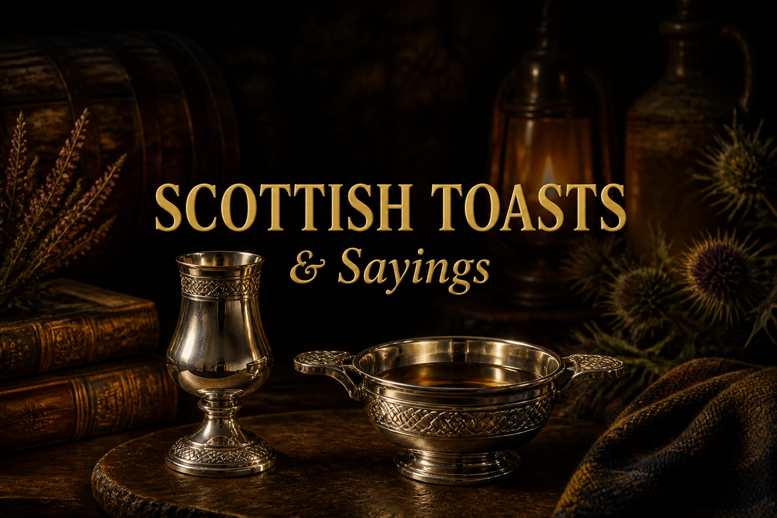 A silver dram cup and quaich on a wooden board with heather and thistles by lantern light, for Scottish toasts and sayings