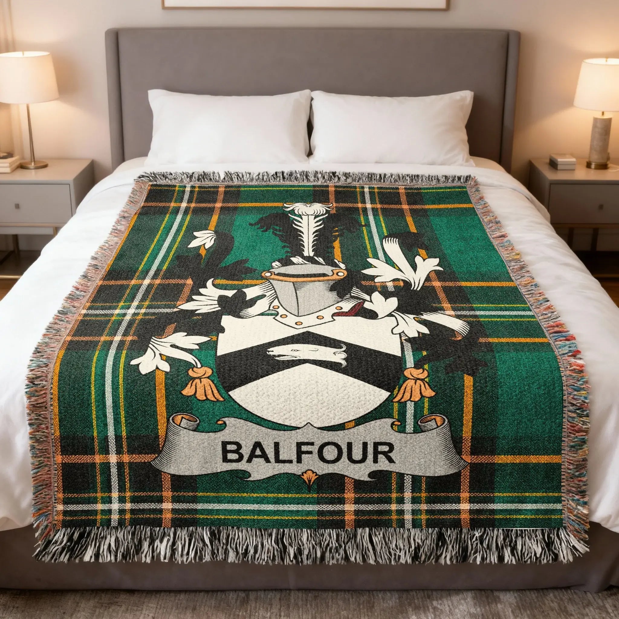 Balfour Irish heritage woven blanket with family crest tartan design