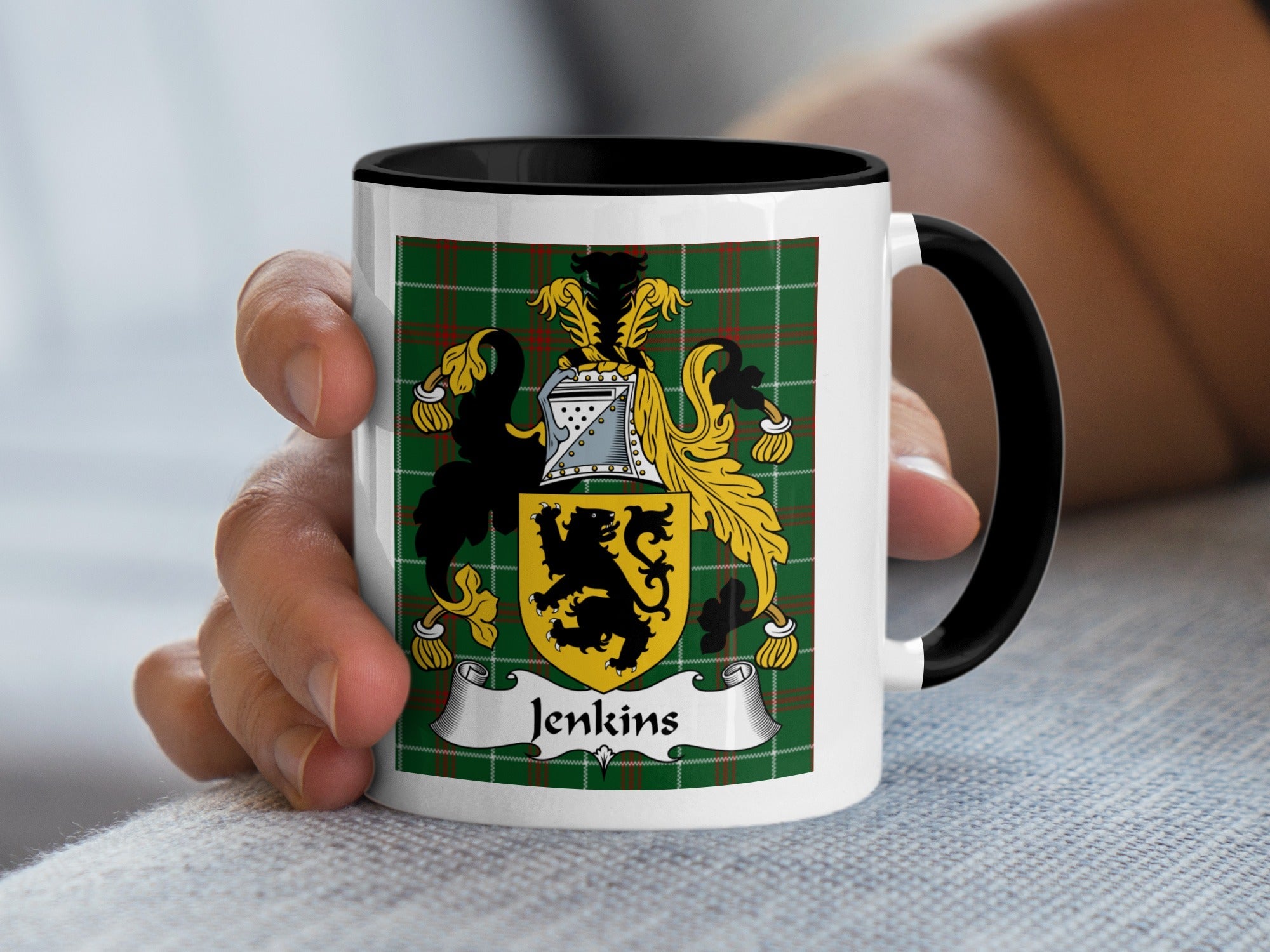 Jenkins Welsh Coat of Arms Accent Mug with black handle and family crest on Welsh National Tartan – family heritage gift