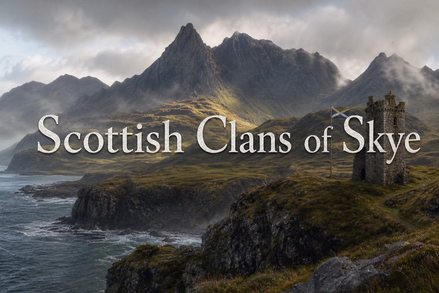 Isle of Skye clan heritage scene with Cuillin mountains, sea cliffs, misty glens, and historic Skye surnames
