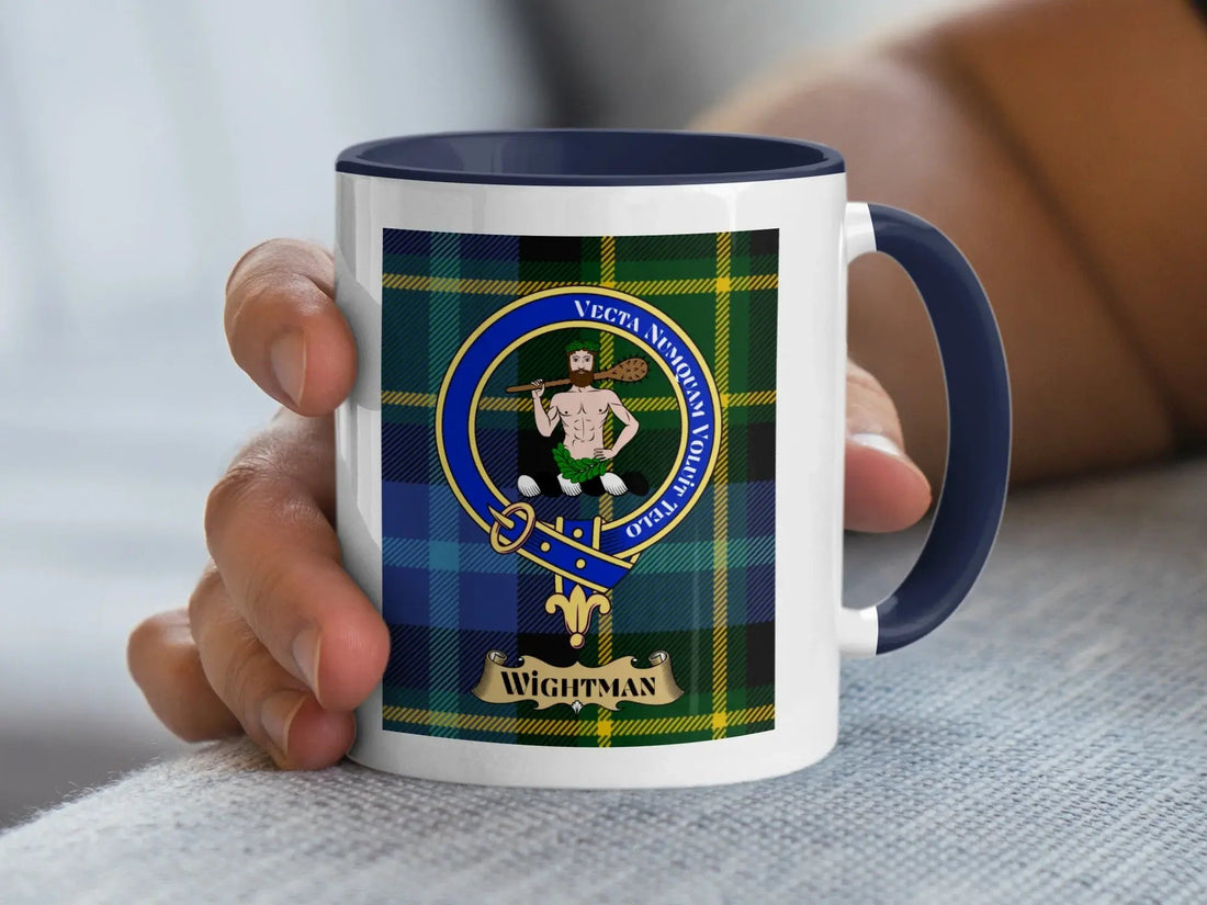 Wightman family crest mug on a tartan background, a heritage gift for a nickname surname carried by Lord Provost John Wightman of Mauldslie