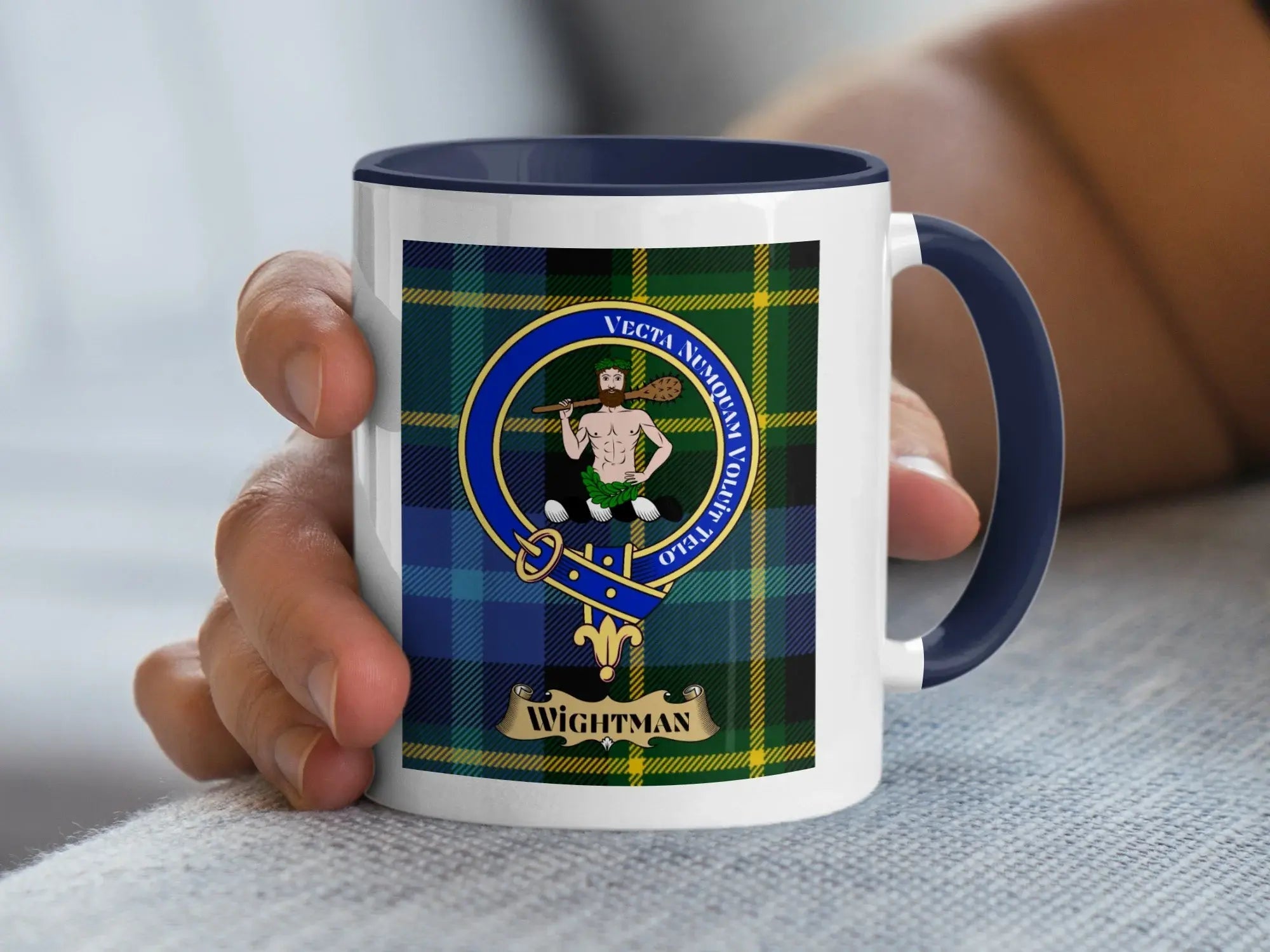 Wightman family crest mug on a tartan background, a heritage gift for a nickname surname carried by Lord Provost John Wightman of Mauldslie