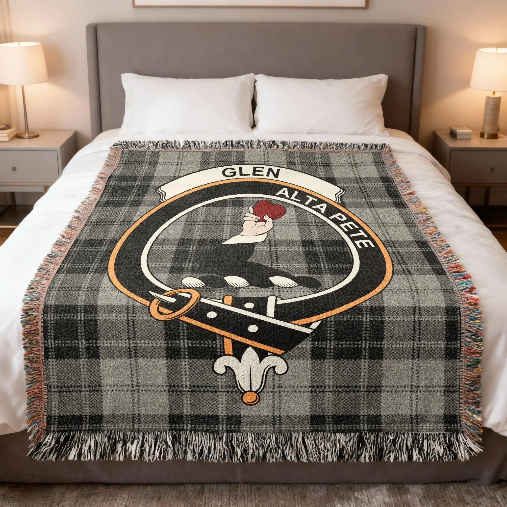 Glen family crest woven blanket on a tartan background, a Scottish heritage throw for the Peeblesshire Glen surname