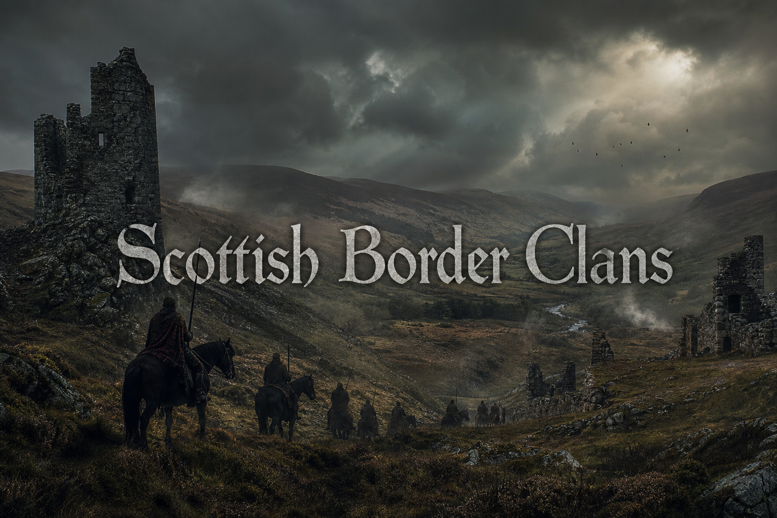 Scottish Border clans and reiver families shown through peel towers, horsemen, frontier hills, and medieval Scottish Borders history