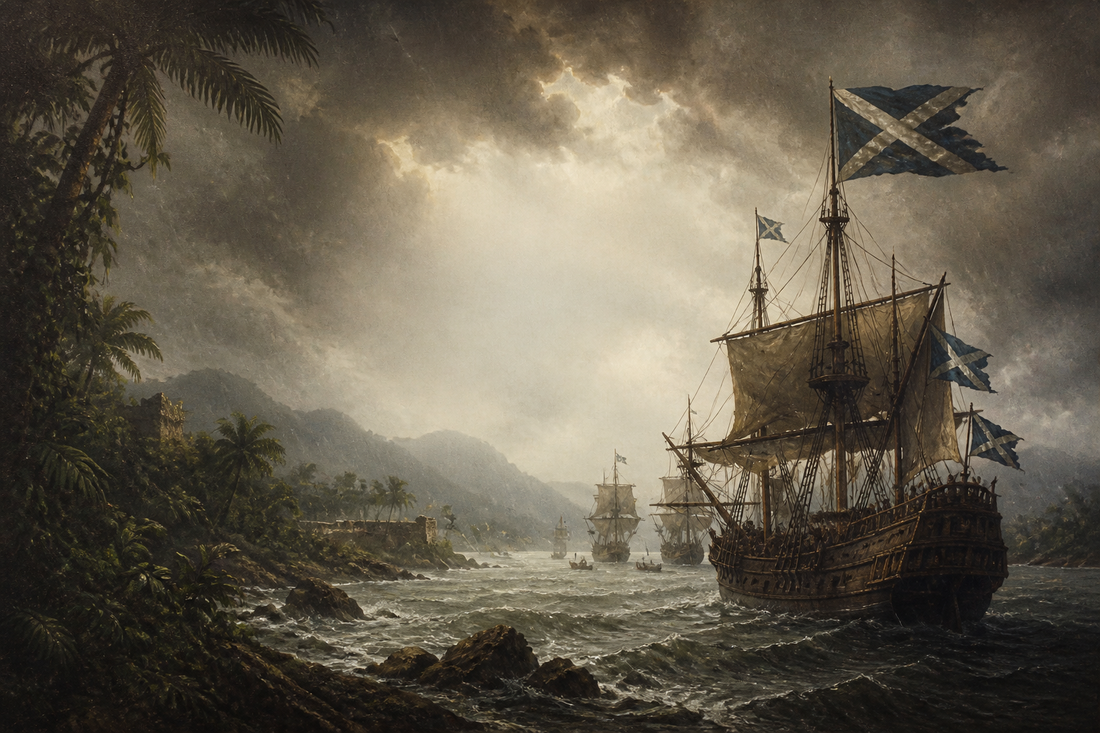 Sailing ships flying the Scottish saltire, representing the Darien Scheme of 1698 to 1700.