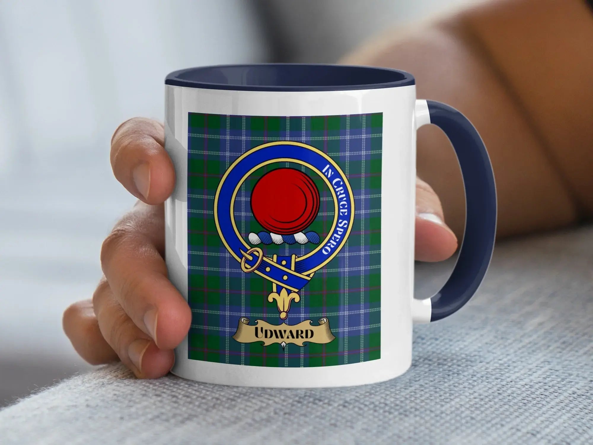 Udward heritage mug printed with the family crest above a woven tartan background, a keepsake for a rare Scottish register name
