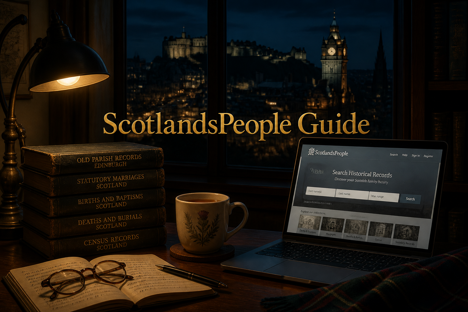 Nighttime study desk with a laptop genealogy search, stacked Scottish record books and Edinburgh Castle beyond the window
