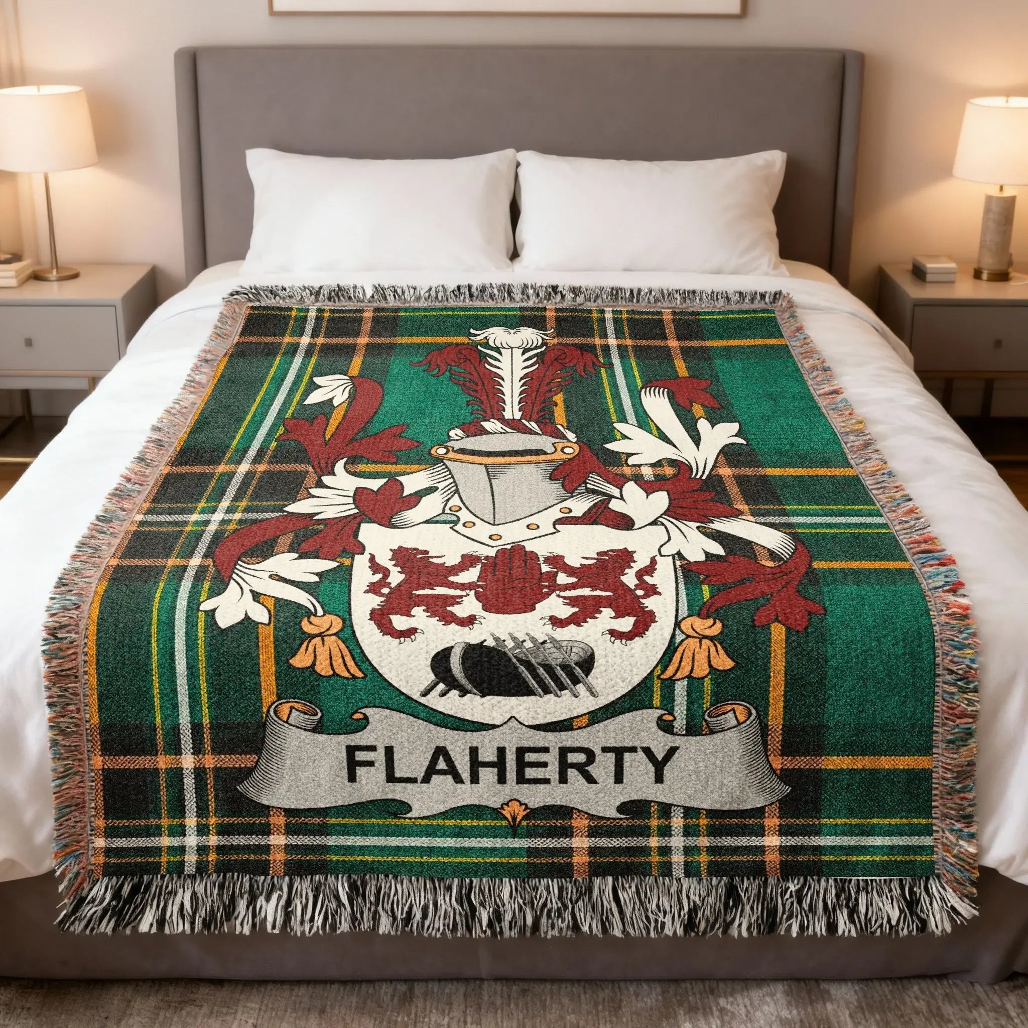 Flaherty family woven blanket with a family crest on Irish tartan, celebrating O'Flaherty Connacht heritage